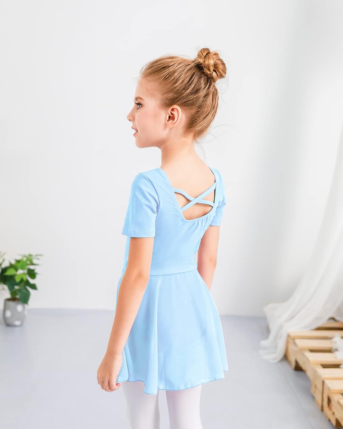Stelle Ballet Leotards for Girls Toddler Ballet Outfit Dance Leotard Dress | Ballerina Outfit Dress, Criss-Cross & Bow Back, Soft Stretch Fabric, Short Sleeve, Dance Recital, Gymnastics, Performance(Style 1-blue(cross Back))