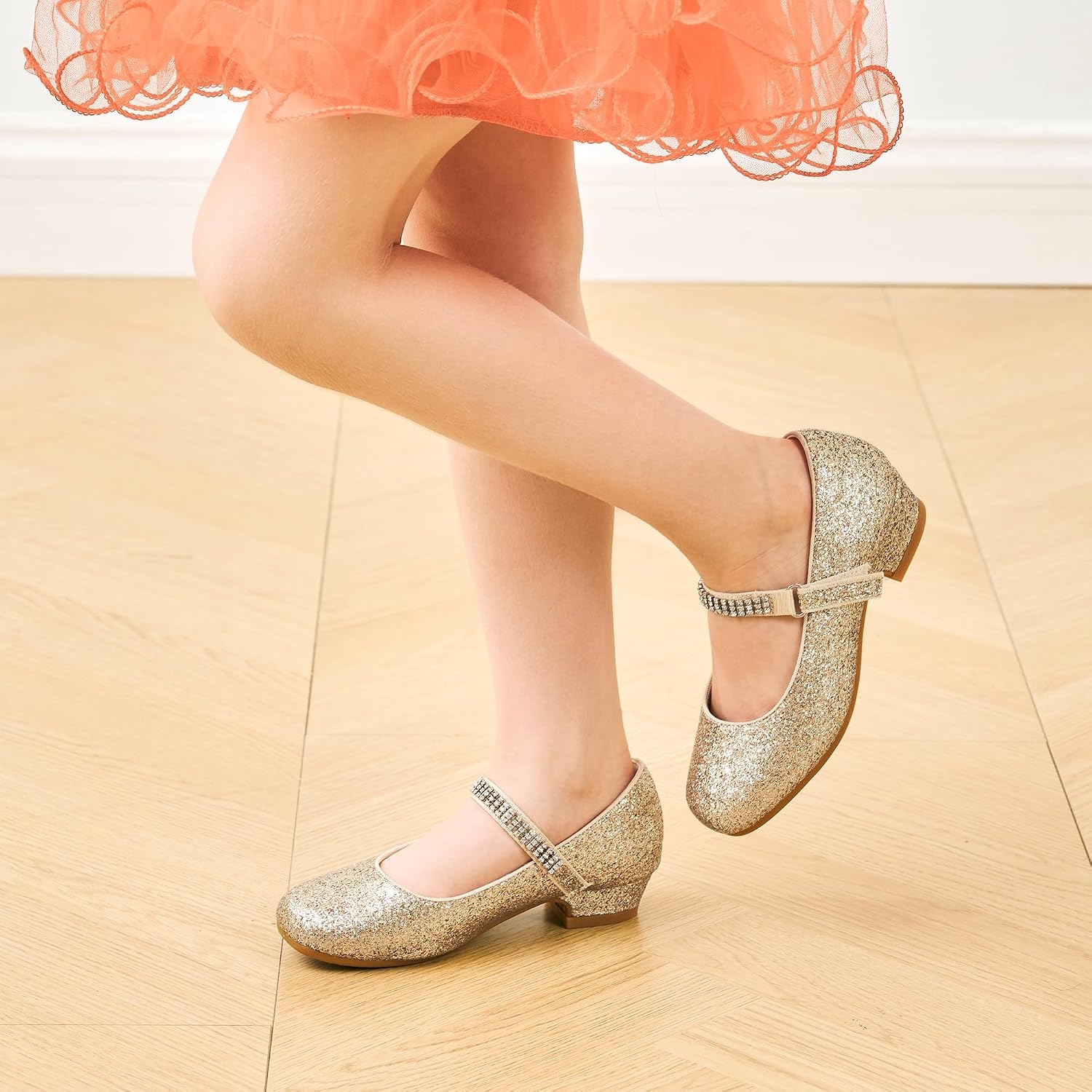 Stelle Girls Mary Jane Dress Shoes Low Heel Glitter Patent Bow Kids Party Wedding Flower Girl School Shoes(Toddler/Little/Big Kid)(Glitter Mary Jane-gold(chain))