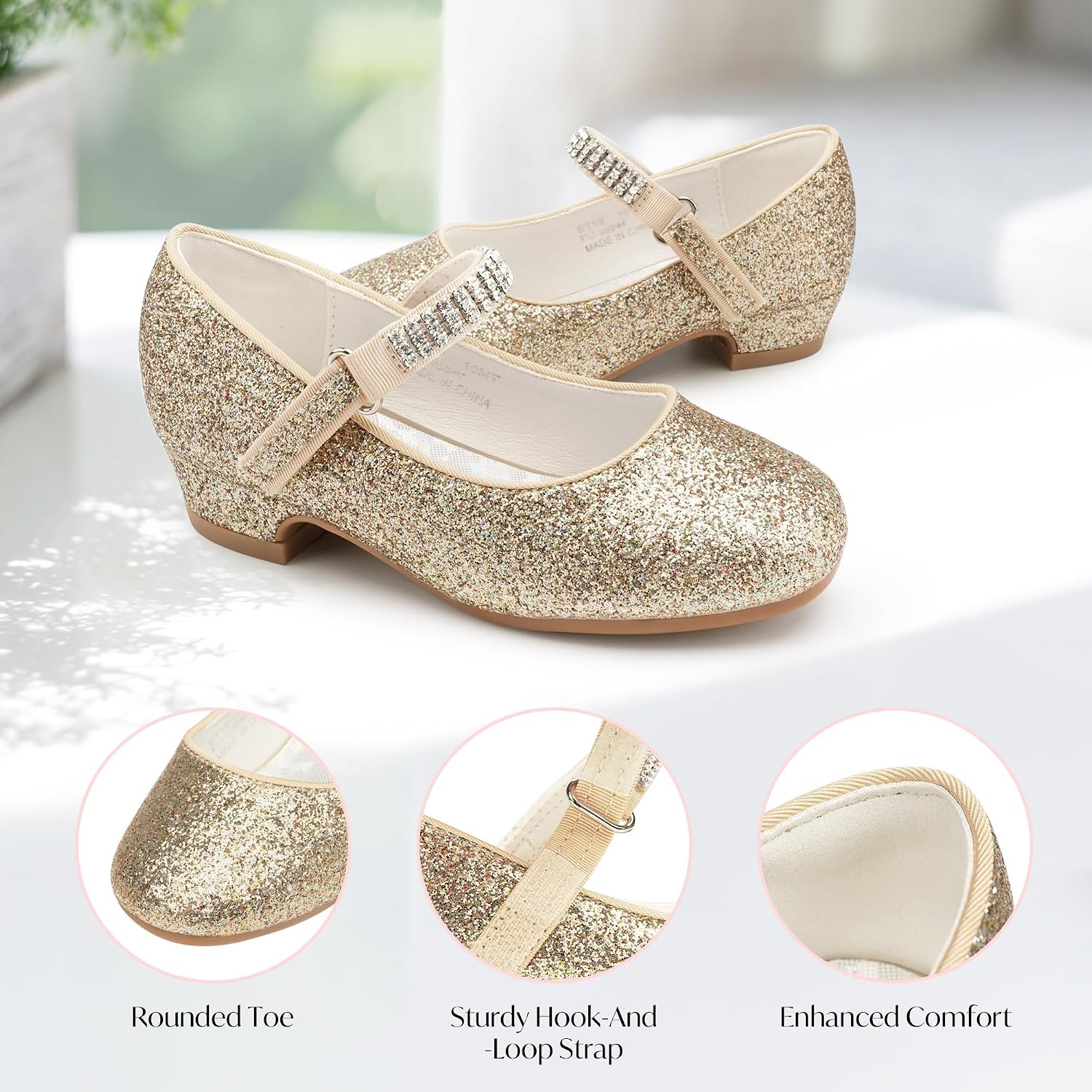 Stelle Girls Mary Jane Dress Shoes Low Heel Glitter Patent Bow Kids Party Wedding Flower Girl School Shoes(Toddler/Little/Big Kid)(Glitter Mary Jane-gold(chain))