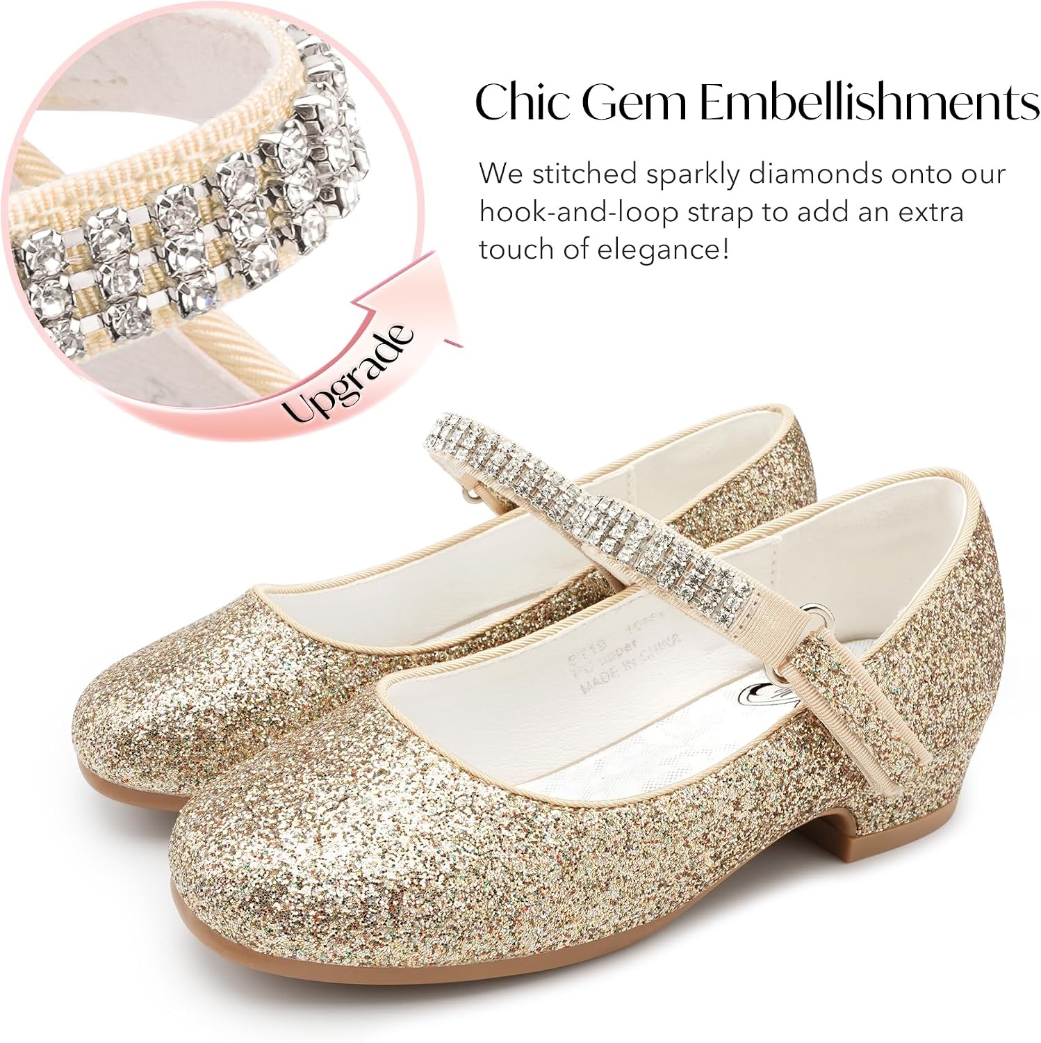 Stelle Girls Mary Jane Dress Shoes Low Heel Glitter Patent Bow Kids Party Wedding Flower Girl School Shoes(Toddler/Little/Big Kid)(Glitter Mary Jane-gold(chain))