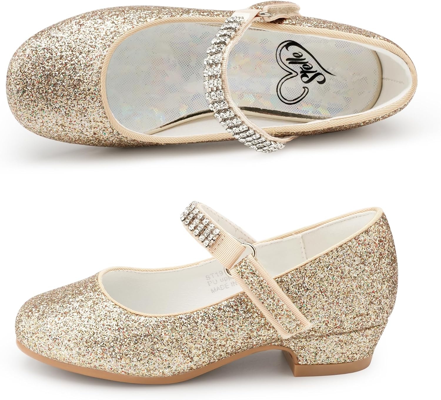 Stelle Girls Mary Jane Dress Shoes Low Heel Glitter Patent Bow Kids Party Wedding Flower Girl School Shoes(Toddler/Little/Big Kid)(Glitter Mary Jane-gold(chain))