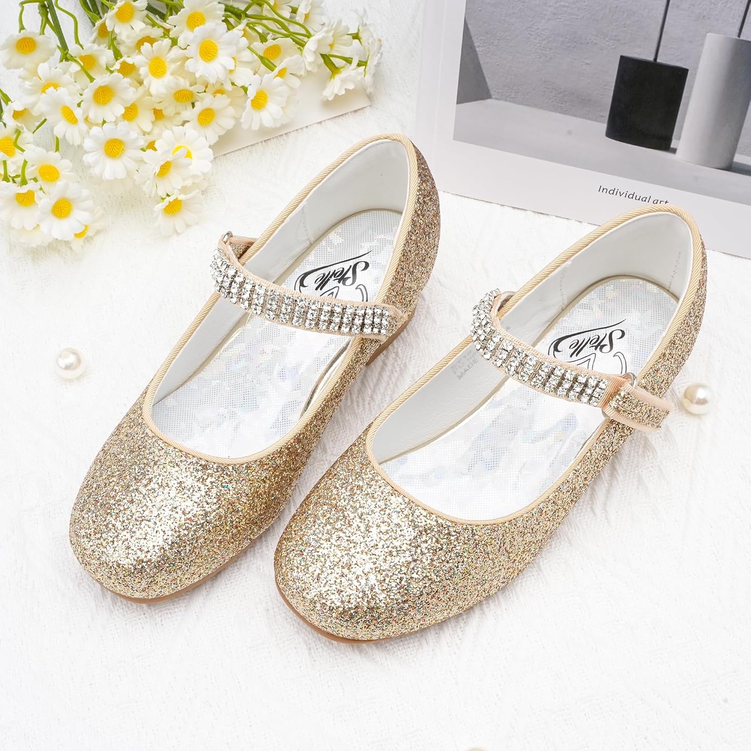 Stelle Girls Mary Jane Dress Shoes Low Heel Glitter Patent Bow Kids Party Wedding Flower Girl School Shoes(Toddler/Little/Big Kid)(Glitter Mary Jane-gold(chain))