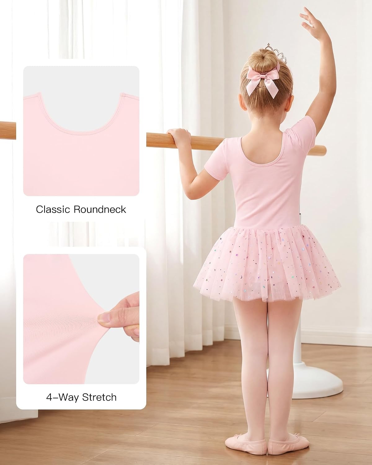 Stelle Girls Ballet Leotards with Sequin Tutu Dress Toddler Dance Outfit | Girls Dance Tutu Dresses, Short Sleeve, Fluffy Tulle skirted, Ballerina Costumes for Dance Classes, Recitals, Performance(Ballet Pink)