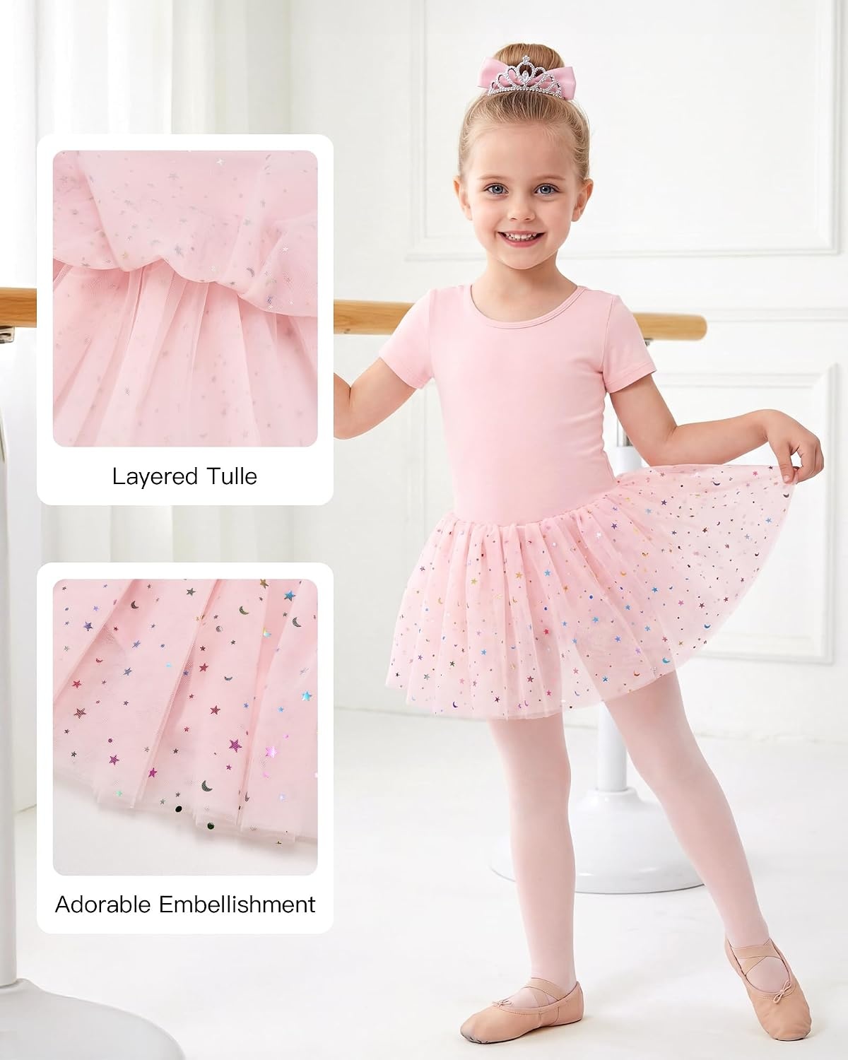 Stelle Girls Ballet Leotards with Sequin Tutu Dress Toddler Dance Outfit | Girls Dance Tutu Dresses, Short Sleeve, Fluffy Tulle skirted, Ballerina Costumes for Dance Classes, Recitals, Performance(Ballet Pink)
