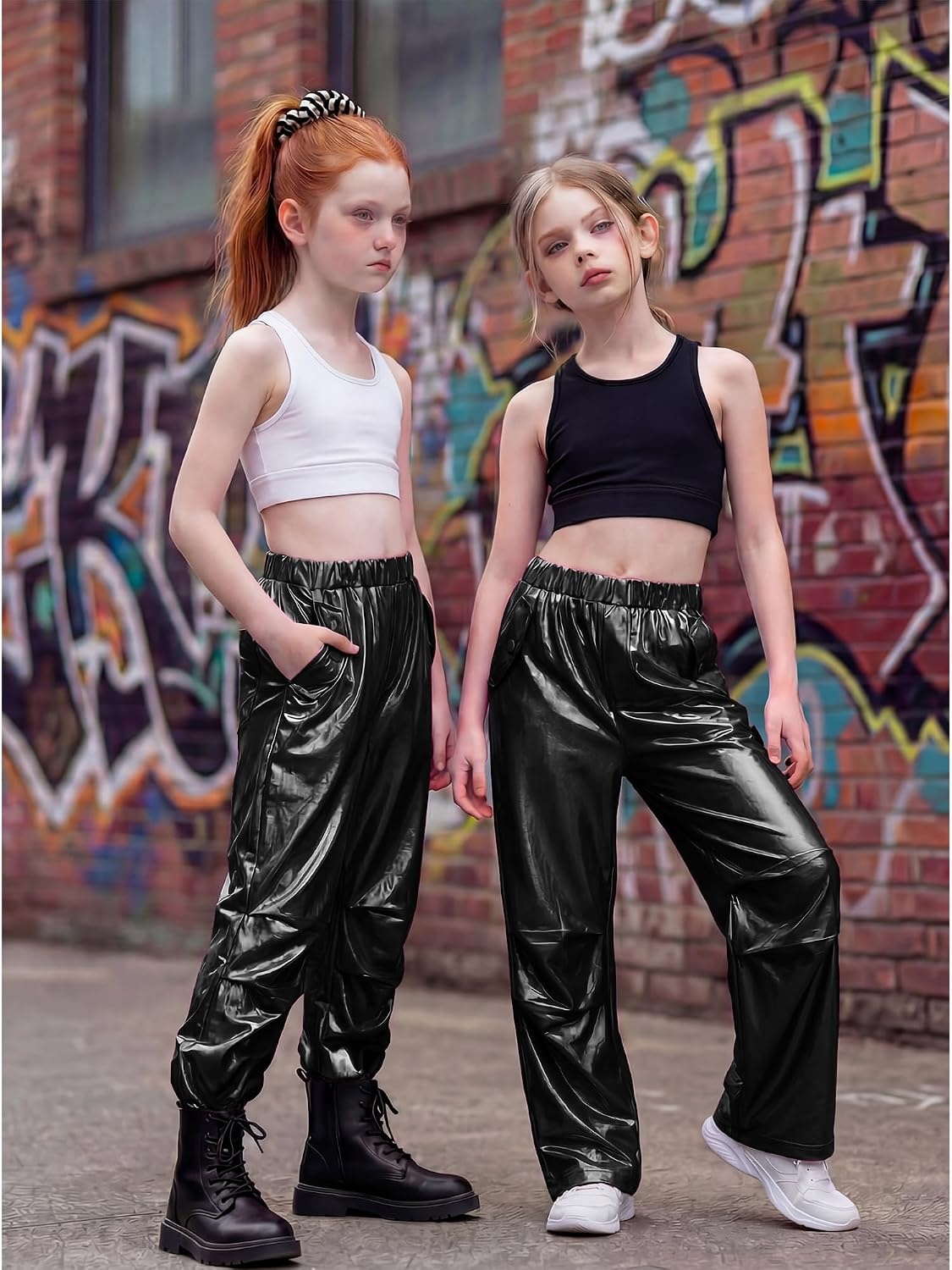 Stelle Girls Metallic Cargo Pants Shiny Hip Hop Dance Joggers Sparkly Stretchy Wide Leg Street Pants for Kids 4-15 Years(Patent Black)
