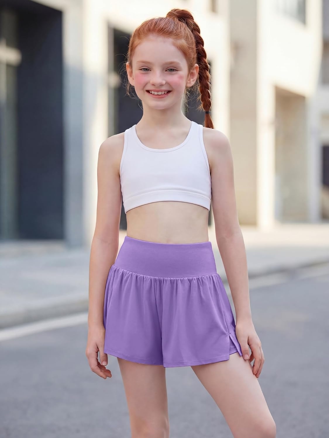 Stelle Girls Athletic Shorts Flowy Running 2 in 1 Butterfly Short with Pockets Soccer Tennis for Teen(Lavender)
