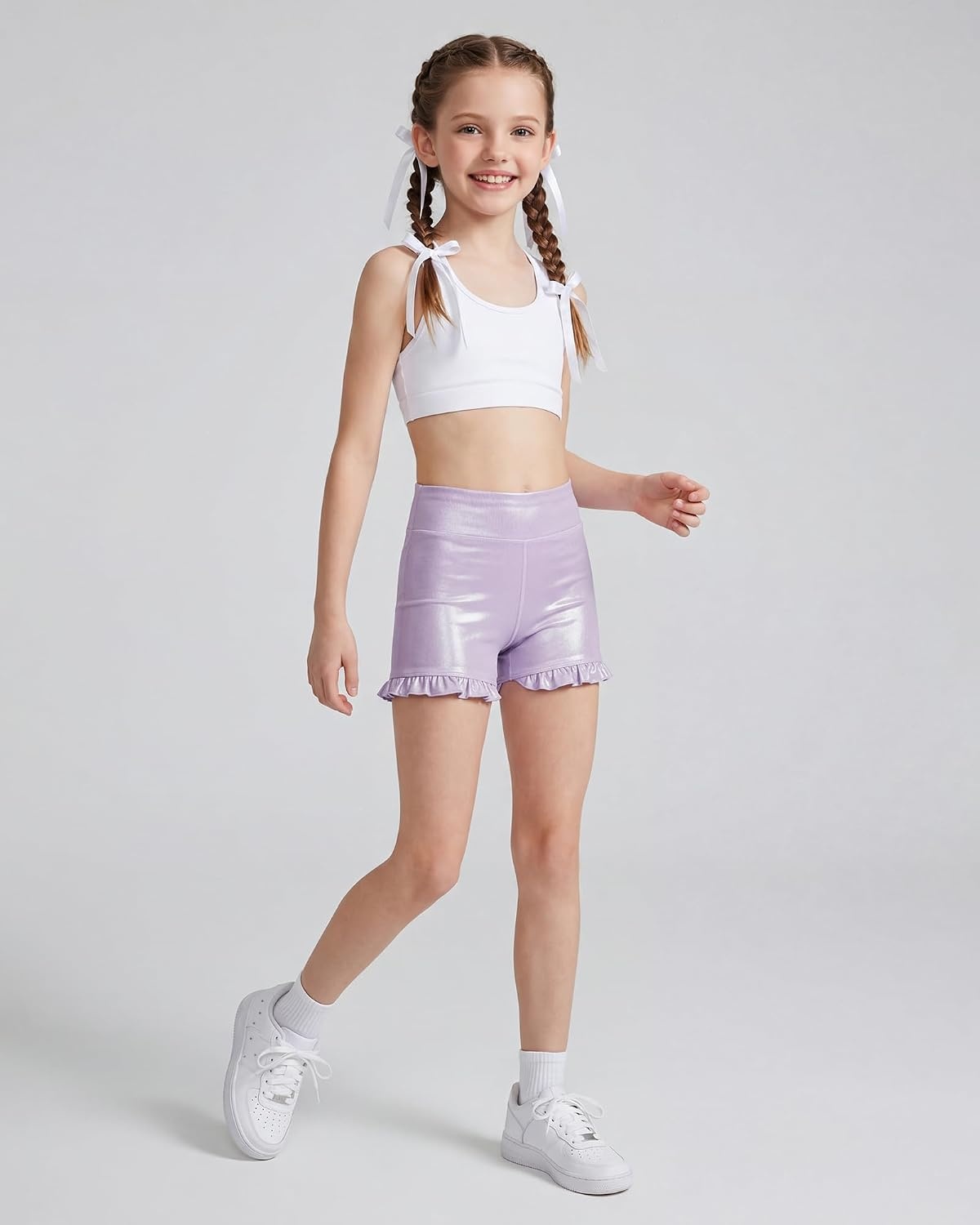 Stelle Girls Gymnastics Shorts Athletic Dance Sparkle Ruffle Short High Waisted Metallic Biker Short for Kids 6-15 Years(Lavender)