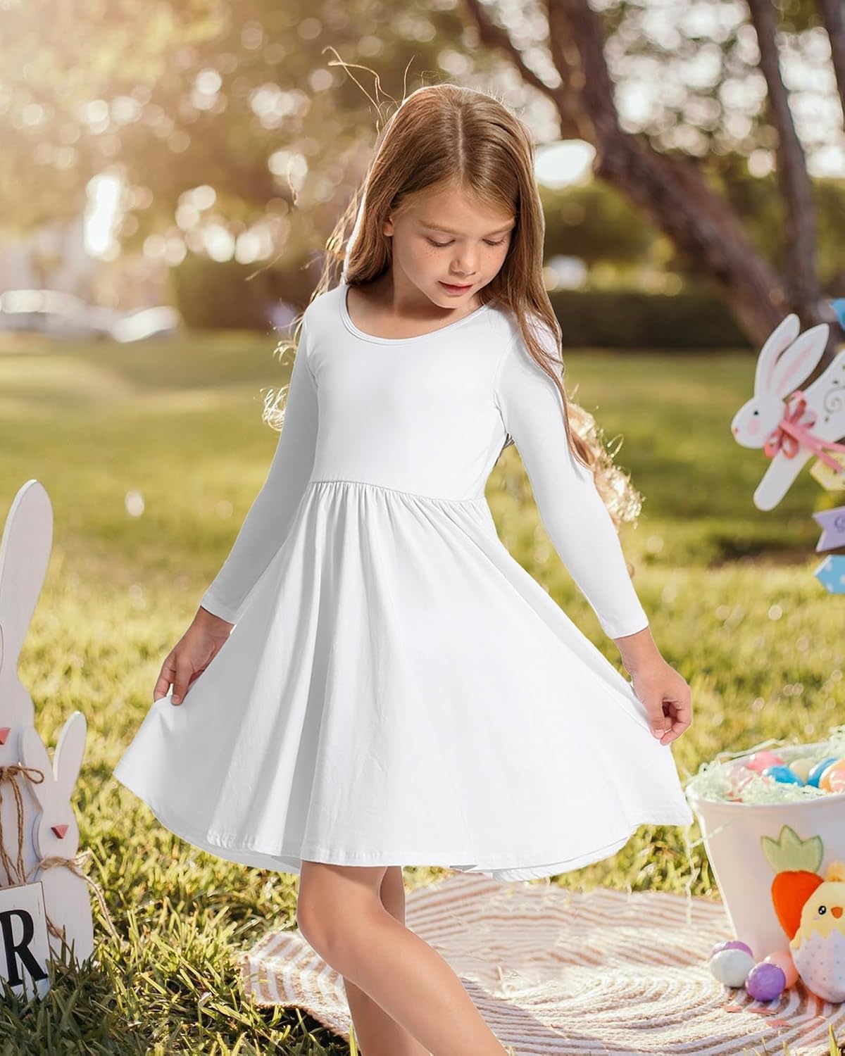 Stelle Long Sleeve Girls Dress Toddler Dresses Skater Twirl Cotton A-Line Dress for School Casual | Criss Cross Back,Crew Neck,High Waist,Spinny Swing,Stretchable,Spring Fall Winter,Casual School Birthday Dance(White)