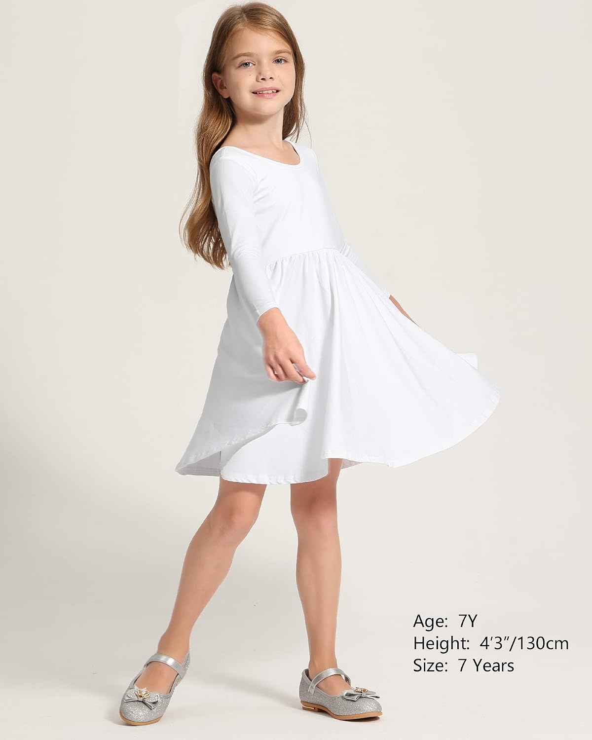 Stelle Long Sleeve Girls Dress Toddler Dresses Skater Twirl Cotton A-Line Dress for School Casual | Criss Cross Back,Crew Neck,High Waist,Spinny Swing,Stretchable,Spring Fall Winter,Casual School Birthday Dance(White)