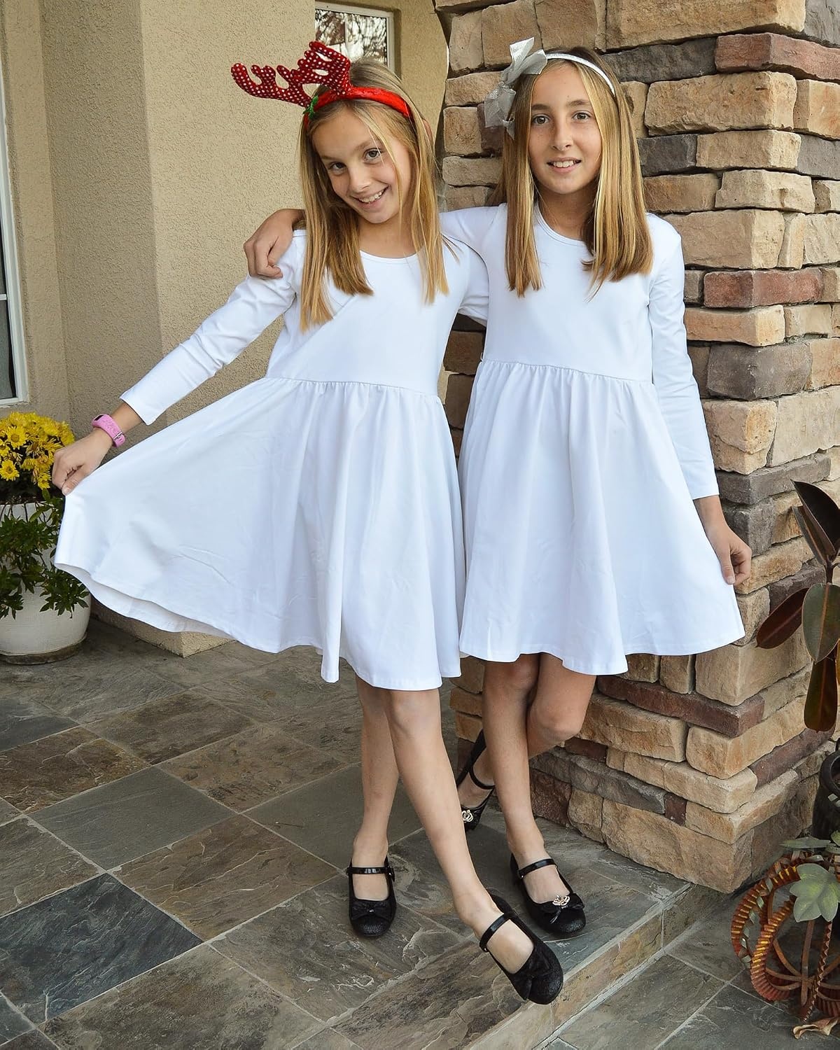 Stelle Long Sleeve Girls Dress Toddler Dresses Skater Twirl Cotton A-Line Dress for School Casual | Criss Cross Back,Crew Neck,High Waist,Spinny Swing,Stretchable,Spring Fall Winter,Casual School Birthday Dance(White)
