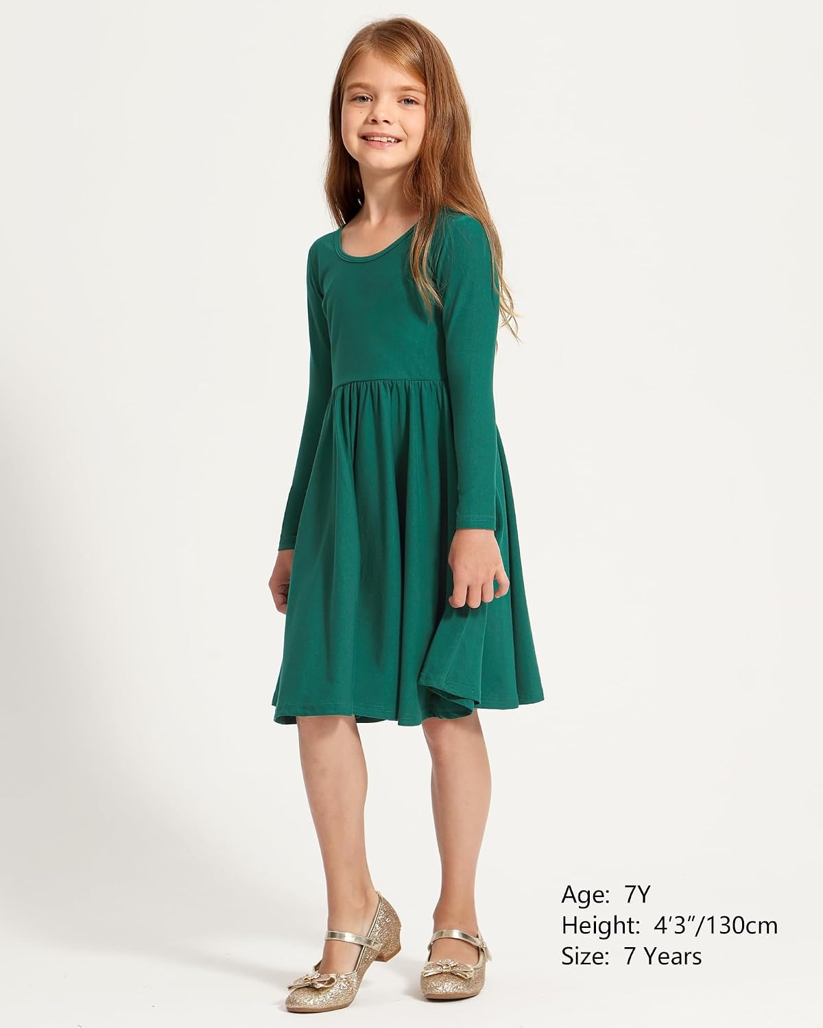 Stelle Girls Cotton Long Sleeve Dress Twirl Skater Dress 3-12Y | Criss Cross Back,A Line,Crew Neck,Cotton Dress for Tie Dye School Dance Casual Birthday Christmas Easter Spring Fall Winter(Green)