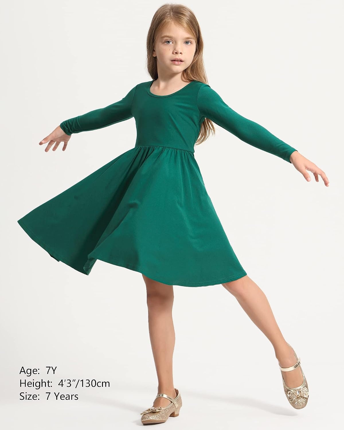 Stelle Girls Cotton Long Sleeve Dress Twirl Skater Dress 3-12Y | Criss Cross Back,A Line,Crew Neck,Cotton Dress for Tie Dye School Dance Casual Birthday Christmas Easter Spring Fall Winter(Green)