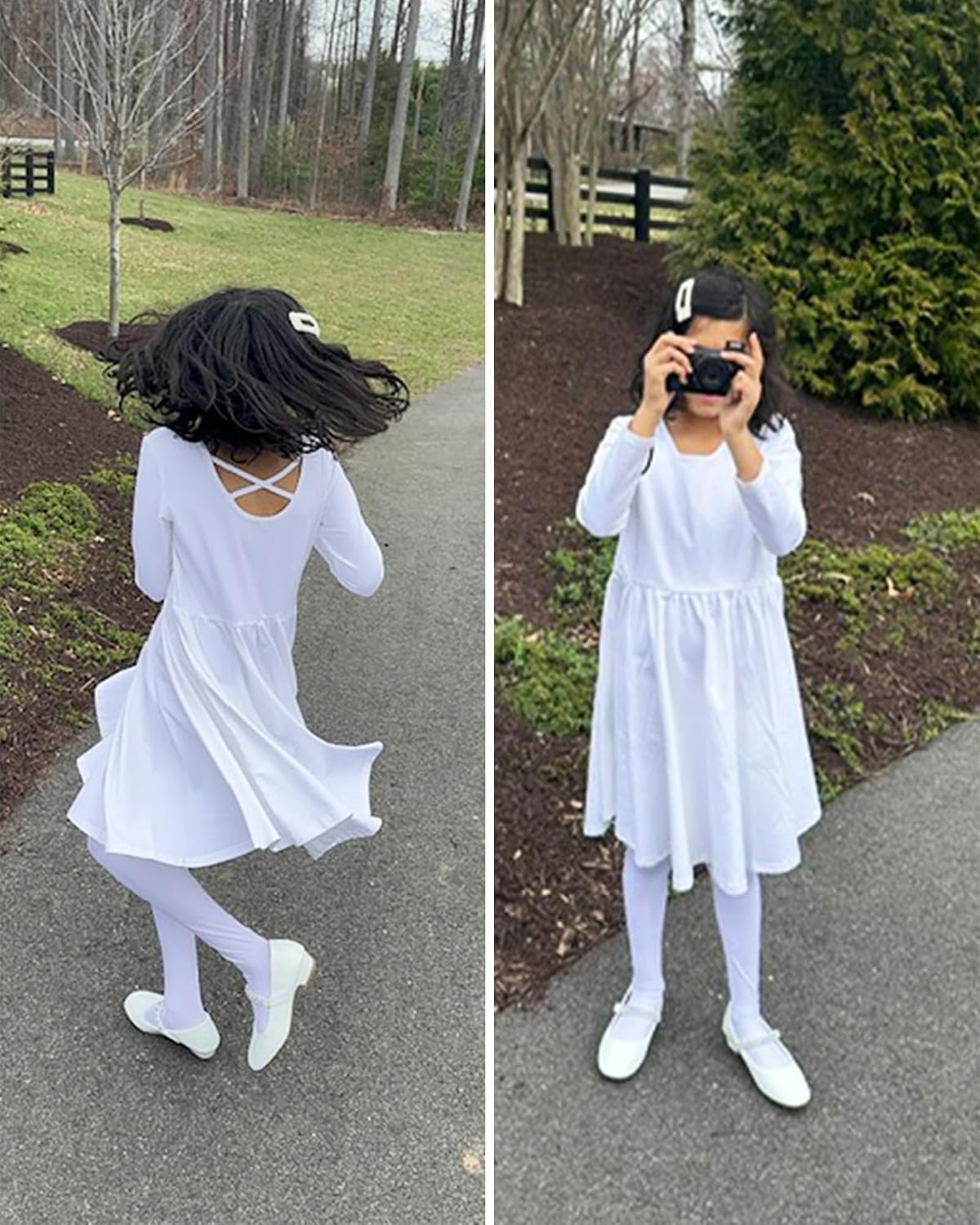 Stelle Girls Cotton Long Sleeve Dress Twirl Skater Dress 3-12Y | Criss Cross Back,A Line,Crew Neck,Cotton Dress for Tie Dye School Dance Casual Birthday Christmas Easter Spring Fall Winter(White)