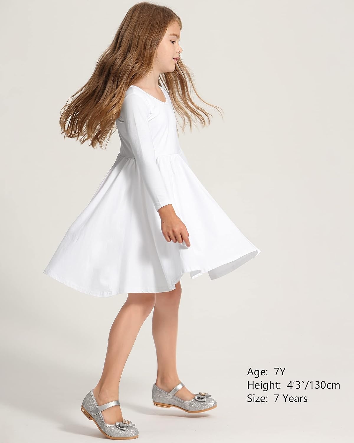 Stelle Girls Cotton Long Sleeve Dress Twirl Skater Dress 3-12Y | Criss Cross Back,A Line,Crew Neck,Cotton Dress for Tie Dye School Dance Casual Birthday Christmas Easter Spring Fall Winter(White)