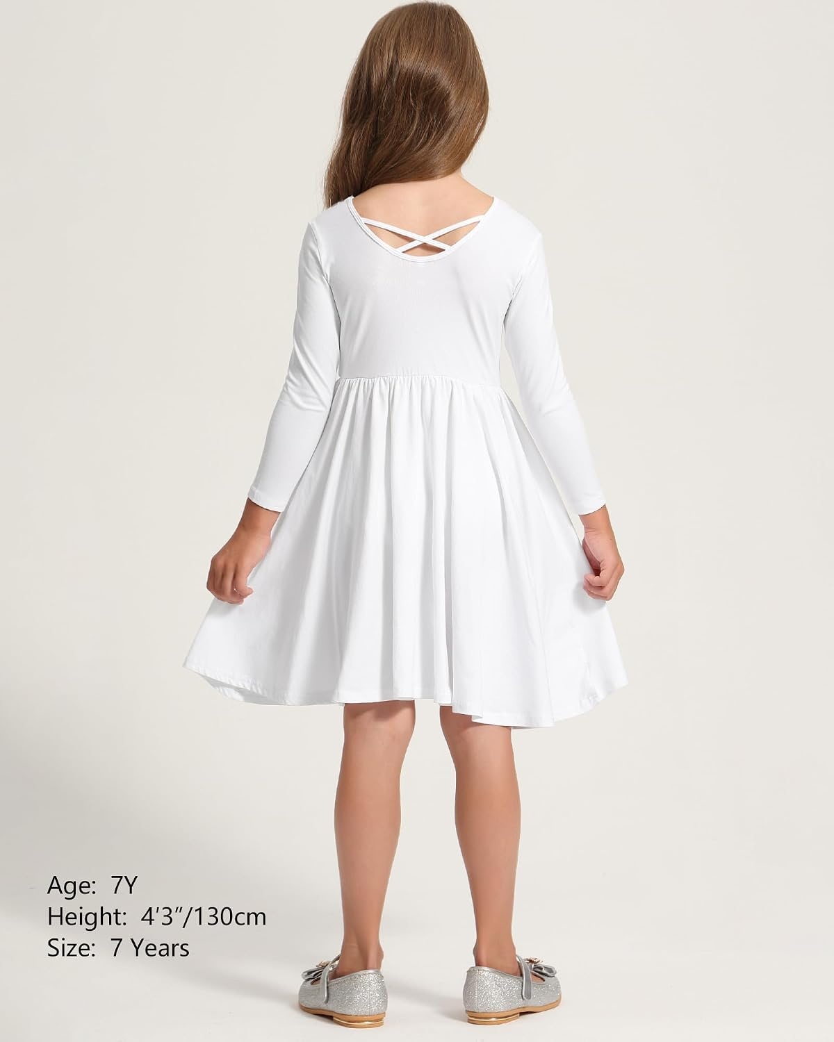 Stelle Girls Cotton Long Sleeve Dress Twirl Skater Dress 3-12Y | Criss Cross Back,A Line,Crew Neck,Cotton Dress for Tie Dye School Dance Casual Birthday Christmas Easter Spring Fall Winter(White)