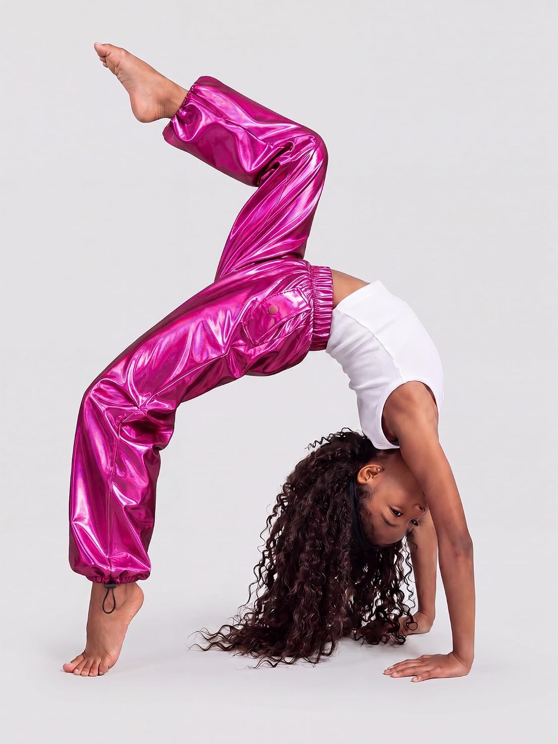 Stelle Girls Metallic Hip Hop Pants Shiny Cargo Joggers Pant(Metal Fuchsia)
