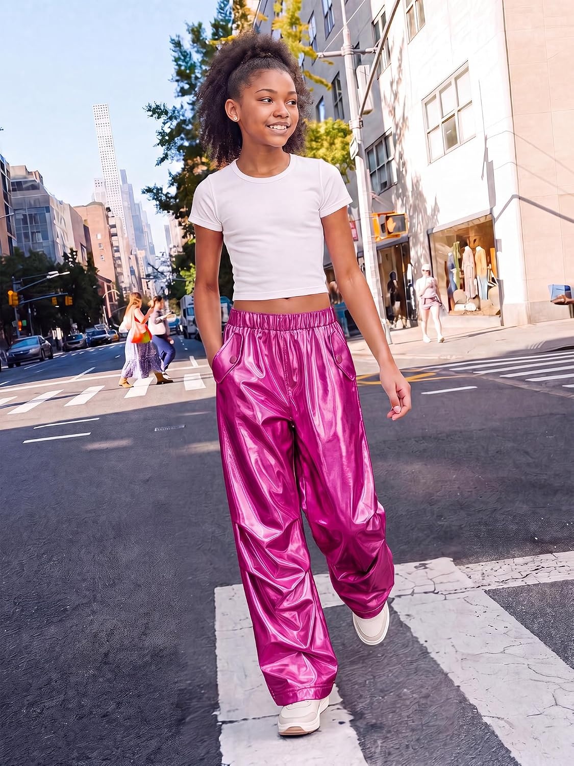 Stelle Girls Metallic Hip Hop Pants Shiny Cargo Joggers Pant(Metal Fuchsia)