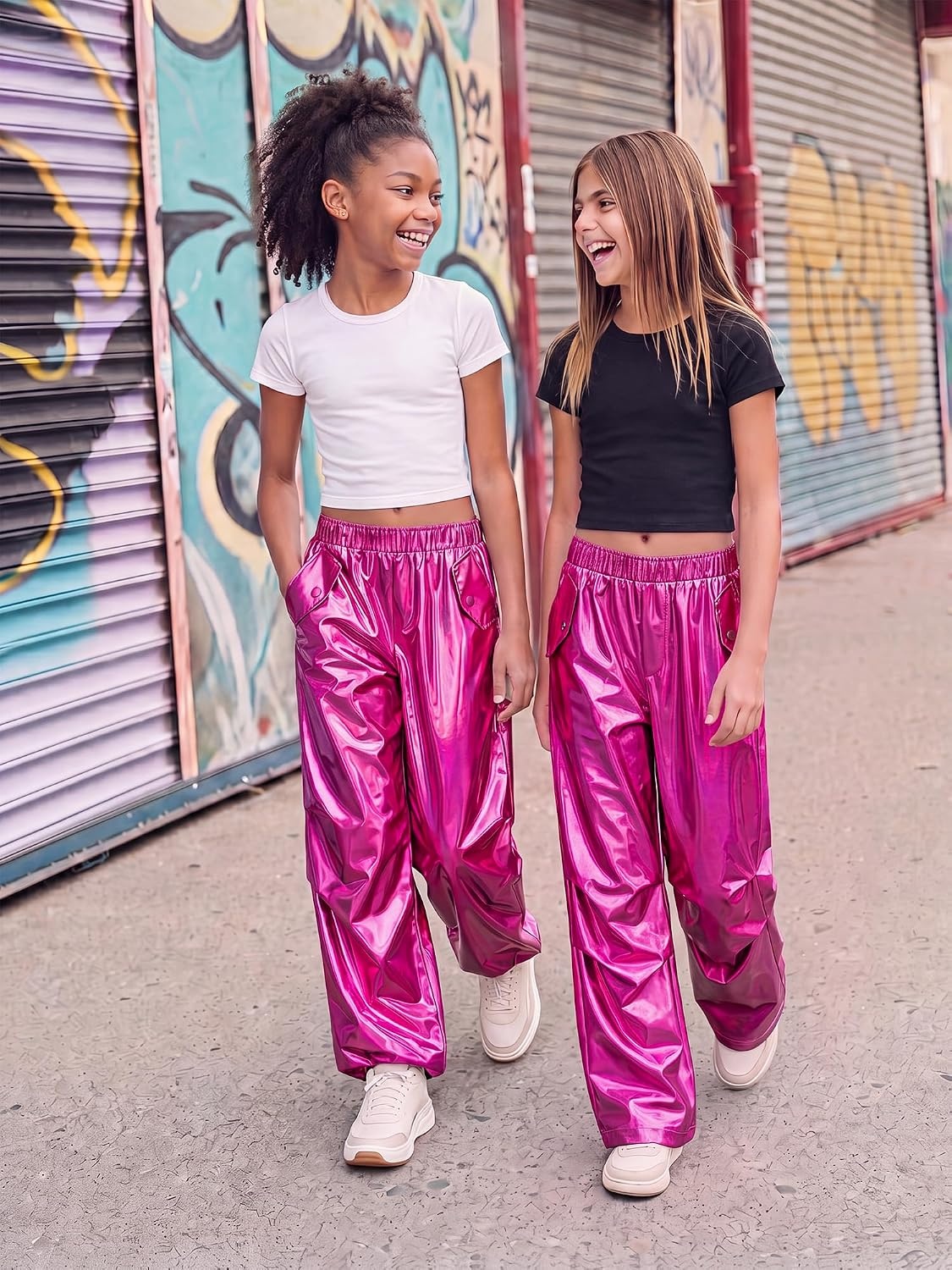 Stelle Girls Metallic Hip Hop Pants Shiny Cargo Joggers Pant(Metal Fuchsia)