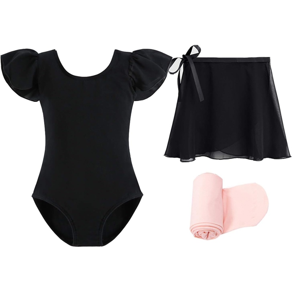 Stelle Girls Ballet Leotards Toddler Dance Combo with Skirt and Tights(3-black (Ruffle Sleeve))