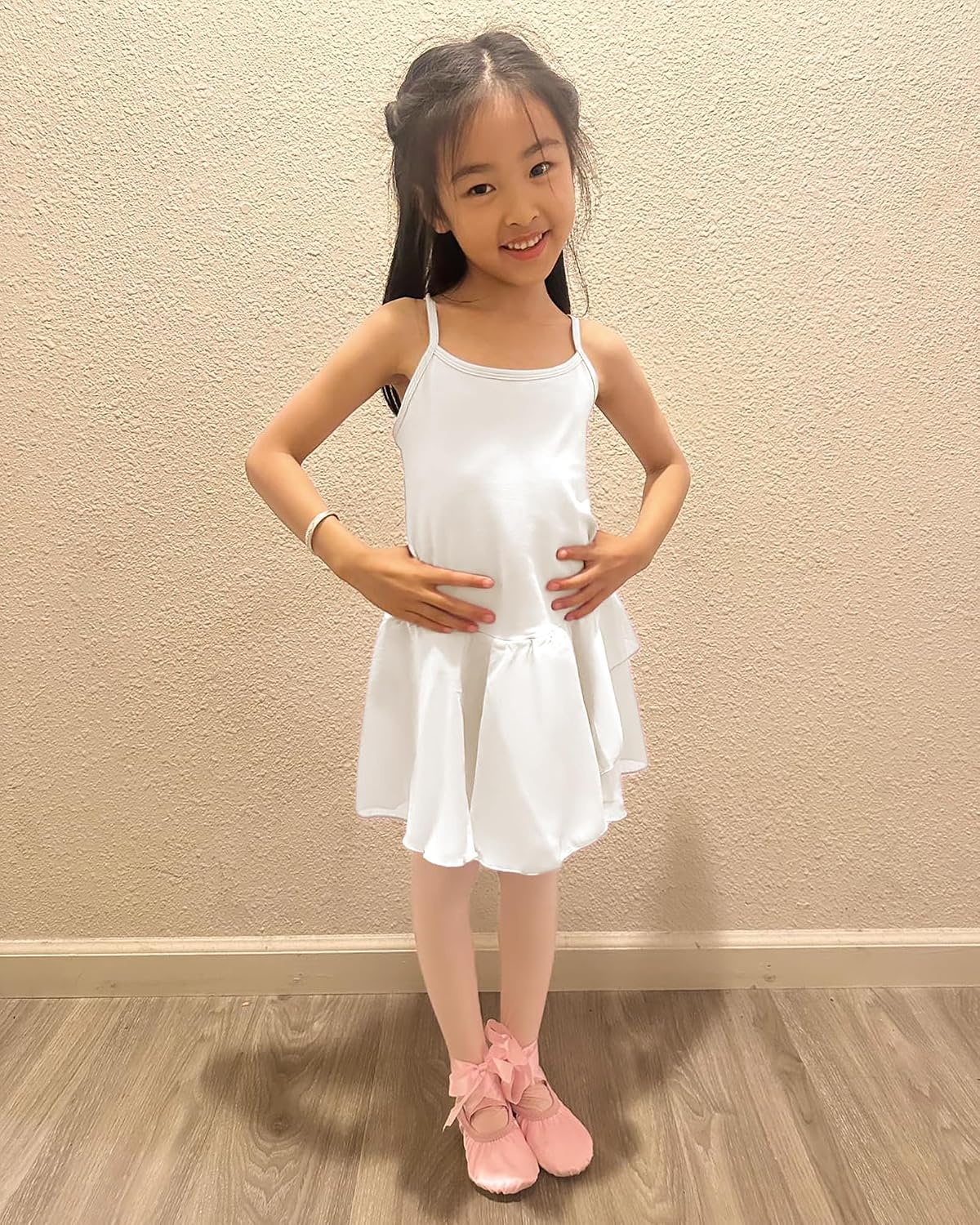Stelle Toddler Ballet Outfit for Girls Sleeveless Gymnastics Dance Leotard | Camisole Leotards for Girls with Skirt, Spaghetti Strap, Soft Stretch Fabric, Dance Studio, Gymnastics, Outdoor Daily Wear(Style 1-white)