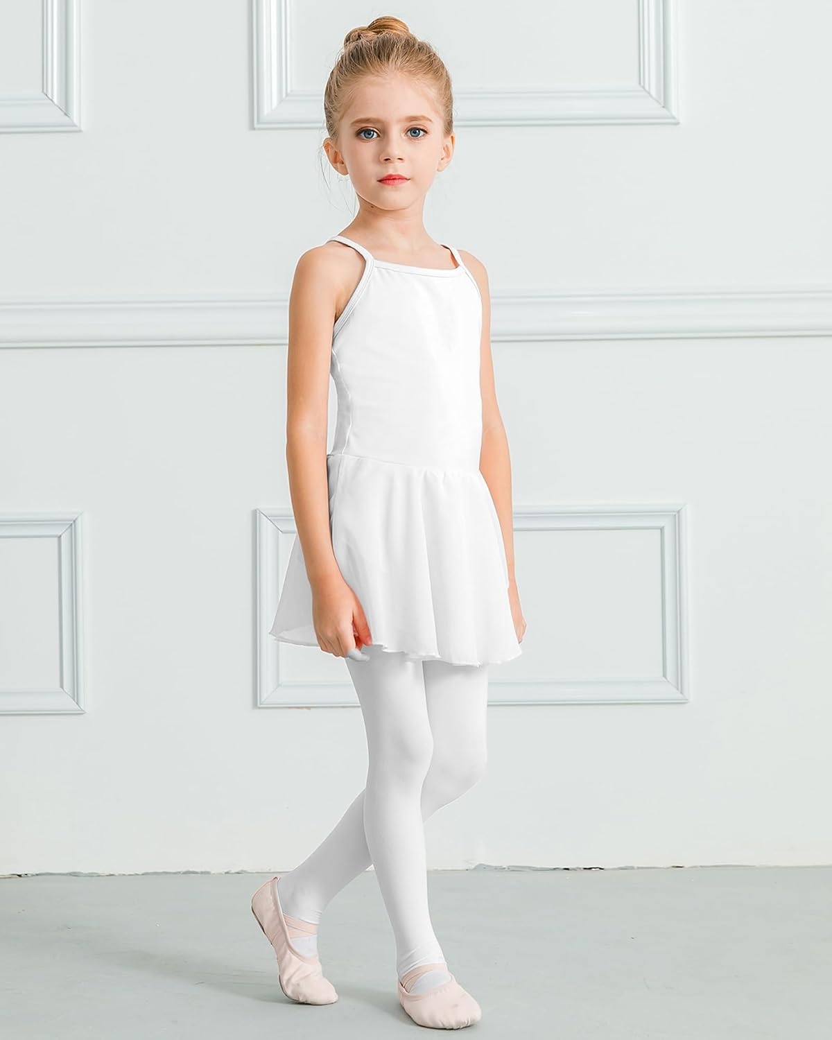 Stelle Toddler Ballet Outfit for Girls Sleeveless Gymnastics Dance Leotard | Camisole Leotards for Girls with Skirt, Spaghetti Strap, Soft Stretch Fabric, Dance Studio, Gymnastics, Outdoor Daily Wear(Style 1-white)