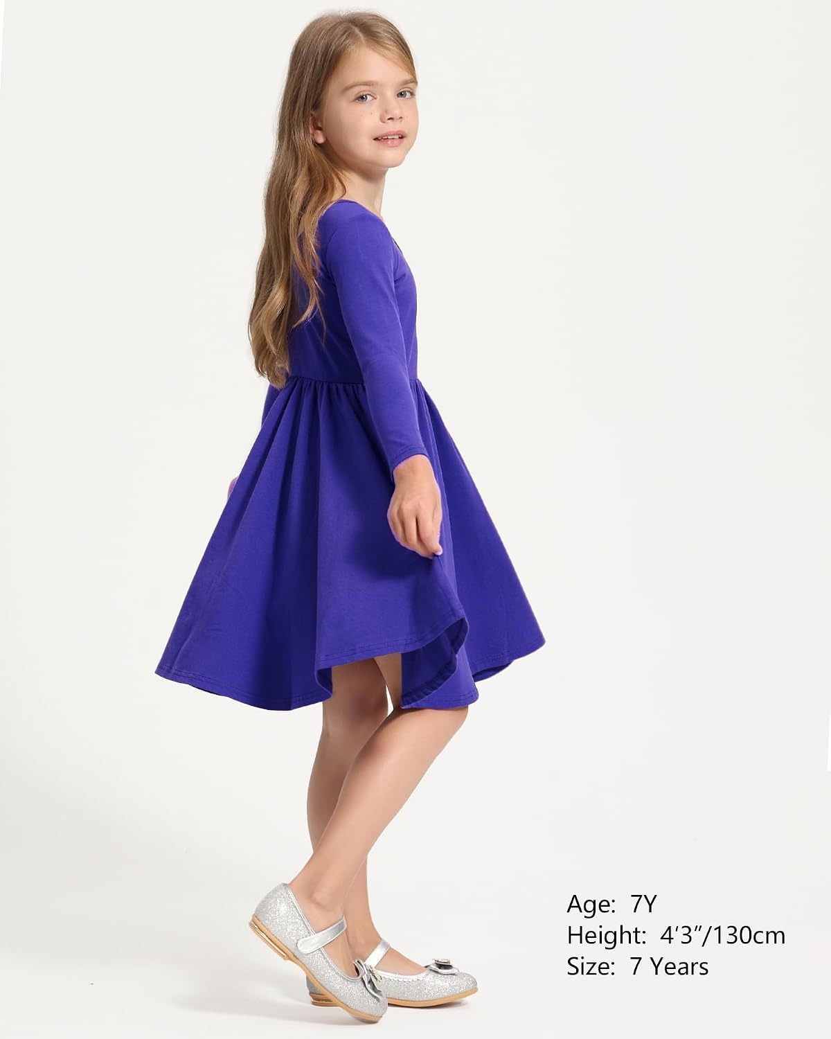 Stelle Long Sleeve Girls Dress Toddler Dresses Skater Twirl Cotton A-Line Dress for School Casual | Criss Cross Back,Crew Neck,High Waist,Spinny Swing,Stretchable,Spring Fall Winter,Casual School Birthday Dance(Royal Blue)