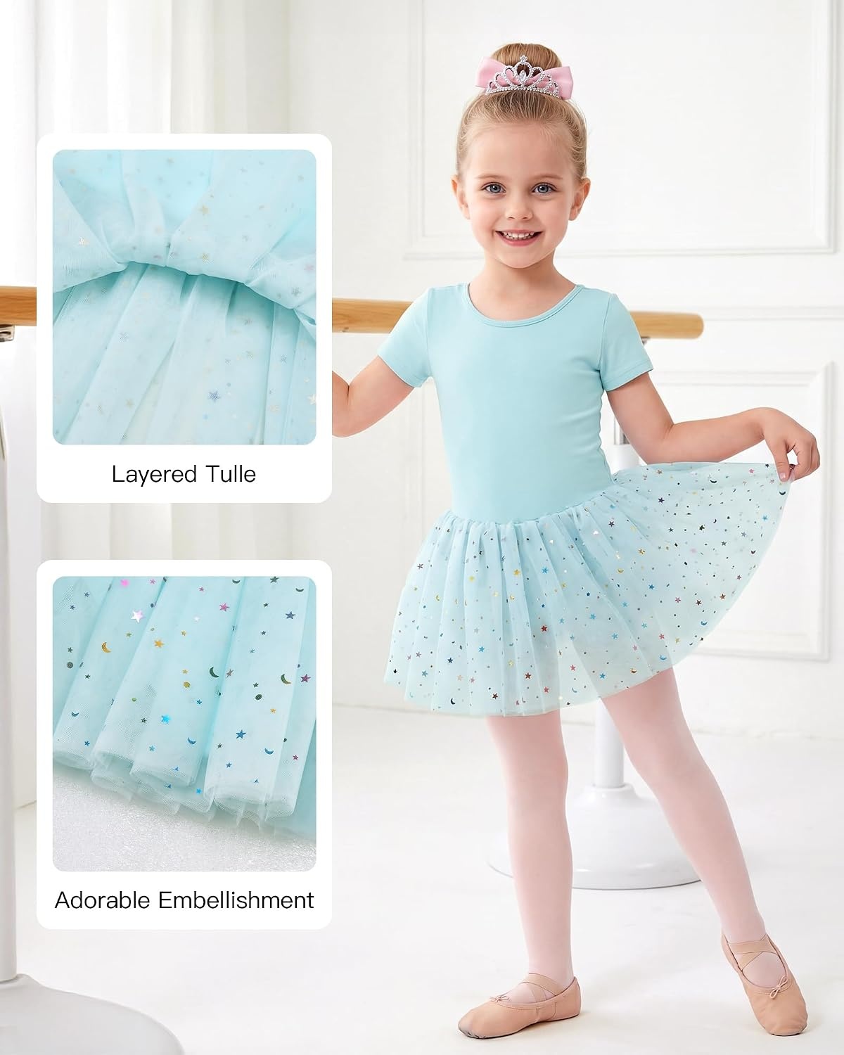 Stelle Girls Ballet Leotards with Sequin Tutu Dress Toddler Dance Outfit | Girls Dance Tutu Dresses, Short Sleeve, Fluffy Tulle skirted, Ballerina Costumes for Dance Classes, Recitals, Performance(Blue)