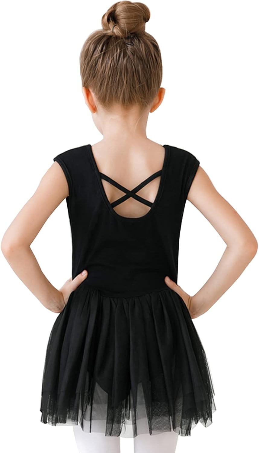 Stelle Puff Sleeve Ballet Leotards for Girls with Sparkly Tutu Skirted Toddler Dance Dress Outfit(02-sleeveless-black)