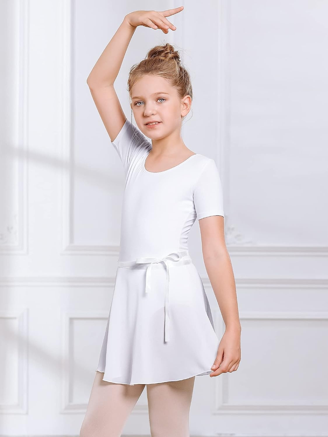 Stelle Girls Ballet Leotards Toddler Dance Combo with Skirt and Tights | Crew neck, Removable ballet skirt, Durable footed tights, Fully lined front, High elasticity & durable, Breathable(1-white)