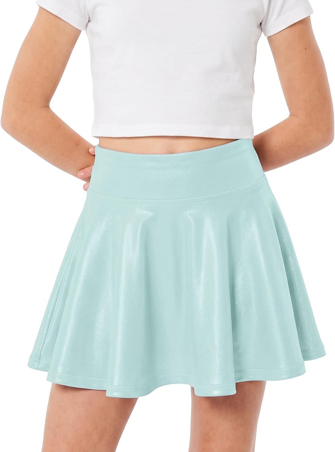 Stelle Girls Metallic Skirt with Short High Waisted Skort 6-15 Years | Sparkly Shiny, Stretchy Comfortable, Cheer, Dancewear, Birthday Party, Kids, Youth,Skater Style, School Events,Tennis Court(Light Blue)