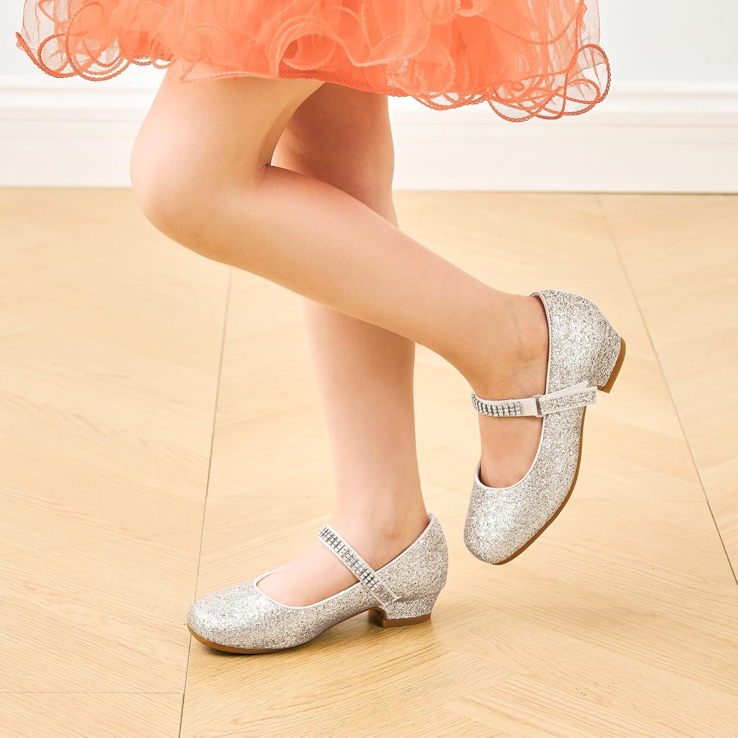 Stelle Girls Mary Jane Dress Shoes Low Heel Glitter Patent Bow Kids Party Wedding Flower Girl School Shoes(Toddler/Little/Big Kid)(Glitter Mary Jane-light Silver)