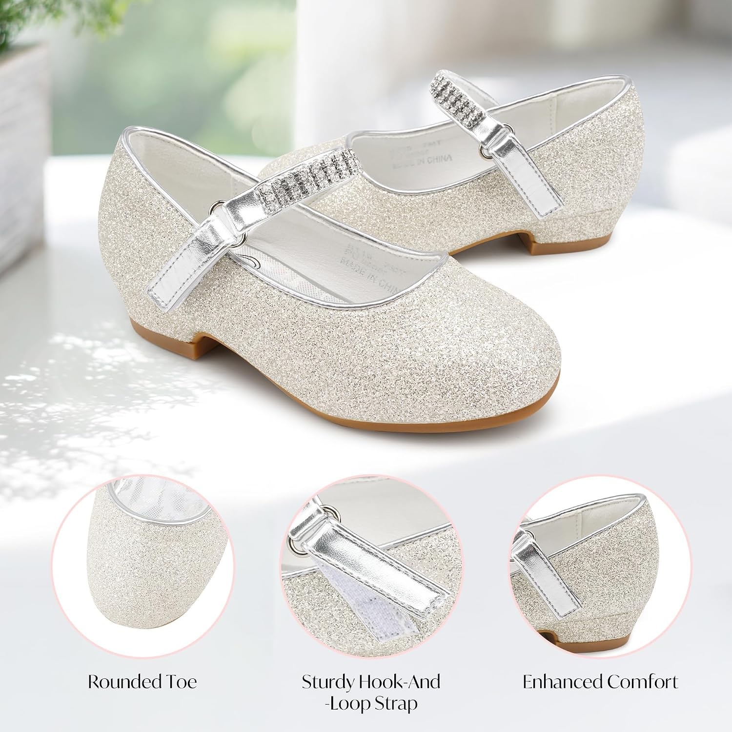 Stelle Girls Mary Jane Dress Shoes Low Heel Glitter Patent Bow Kids Party Wedding Flower Girl School Shoes(Toddler/Little/Big Kid)(Glitter Mary Jane-light Silver)