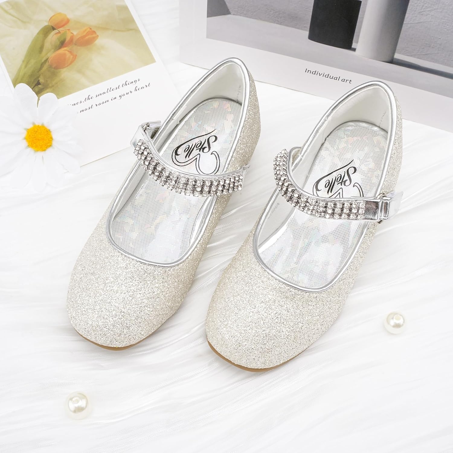Stelle Girls Mary Jane Dress Shoes Low Heel Glitter Patent Bow Kids Party Wedding Flower Girl School Shoes(Toddler/Little/Big Kid)(Glitter Mary Jane-light Silver)