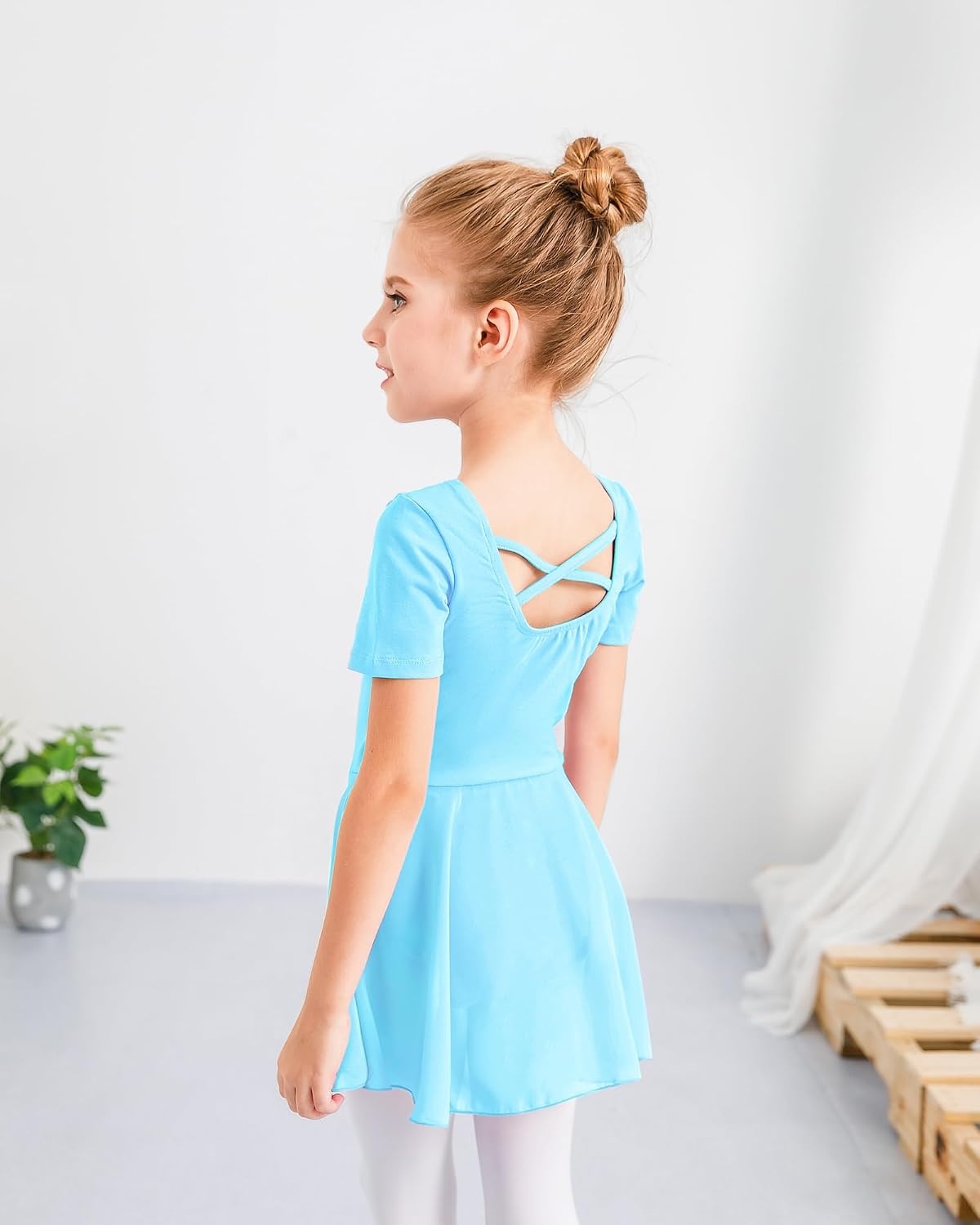 Stelle Ballet Leotards for Girls Toddler Ballet Outfit Dance Leotard Dress | Ballerina Outfit Dress, Criss-Cross & Bow Back, Soft Stretch Fabric, Short Sleeve, Dance Recital, Gymnastics, Performance(Style 1-pool Blue(cross Back))