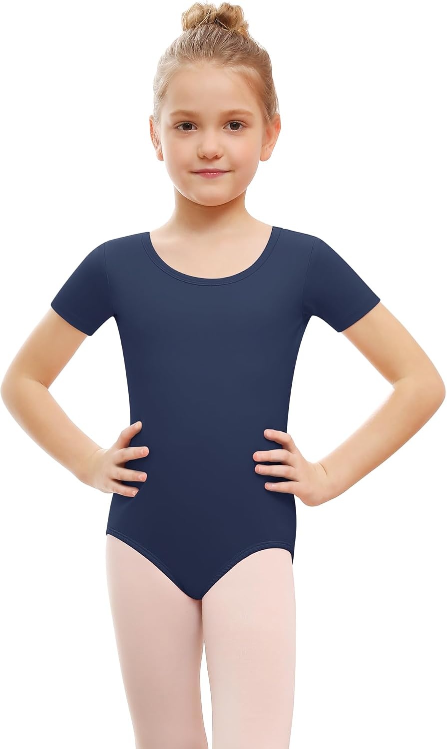 Stelle Leotards for Girls Ballet Scoop Neck Short Sleeve Leotard Gymnastics Dance Unitards(Navy)