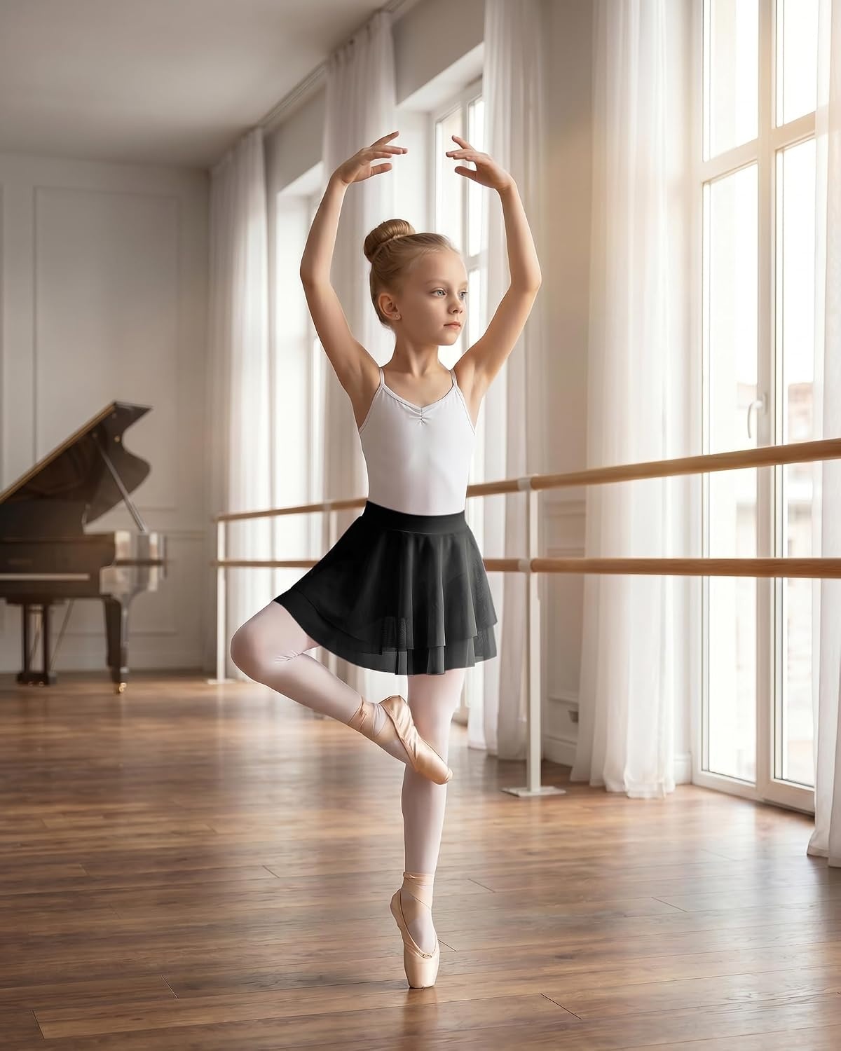 Stelle Girls Ballet Skirt Pull On High Waist Dance Wrap Skirt Layered Ruffle Chiffon Skirt Kid Toddler Ballerina Clothes(Black)
