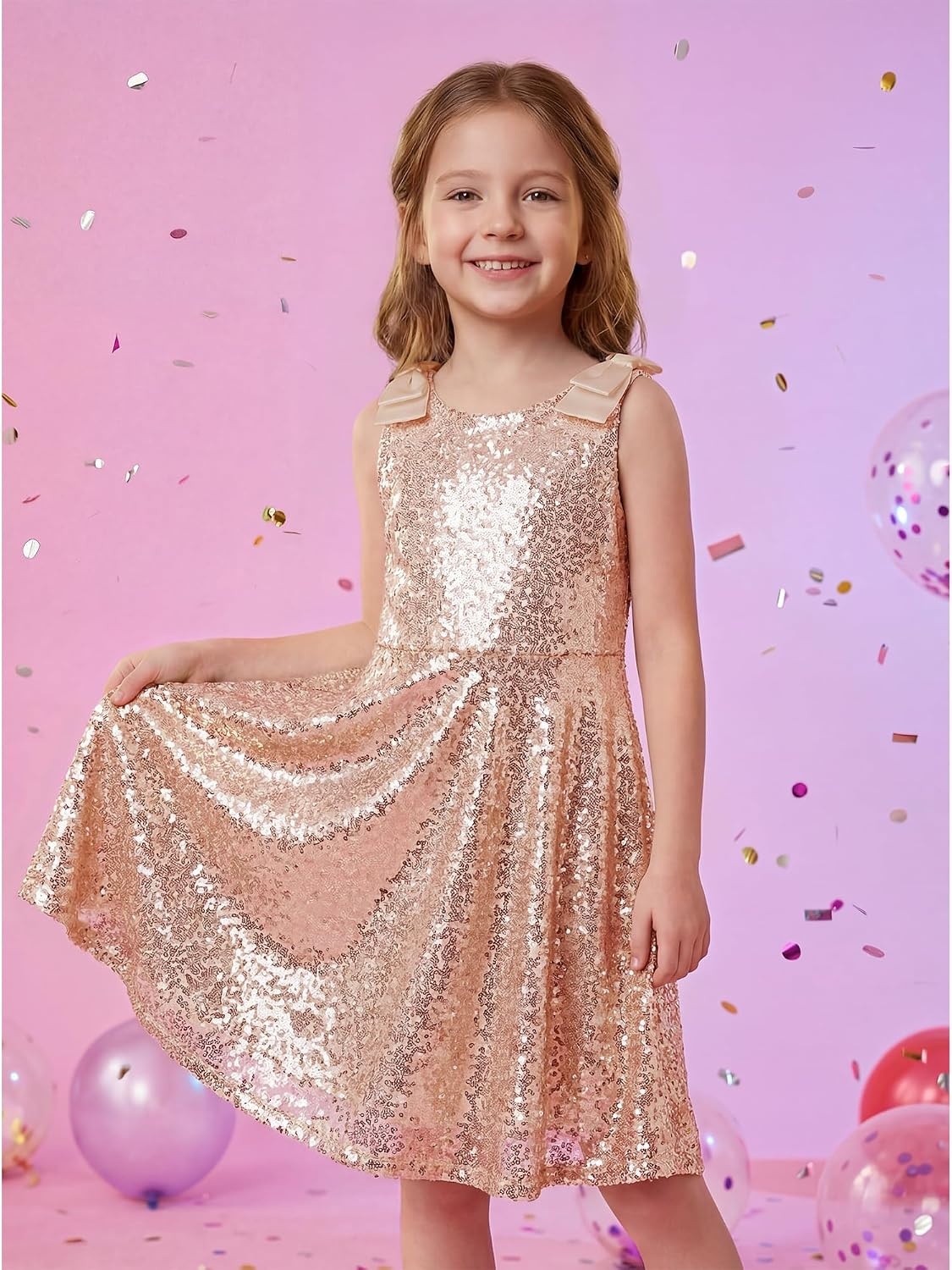 Stelle Girls Sequin Dress Sleeveless A-Line Sparkly Dresses 5-15 Y | Bow on Shoulder, Zipper Back,Fully Lining,Scoop Neck,Twirly,Birthday Formal Party Fancy Graduation Wedding Christmas Holiday(Rose Gold)