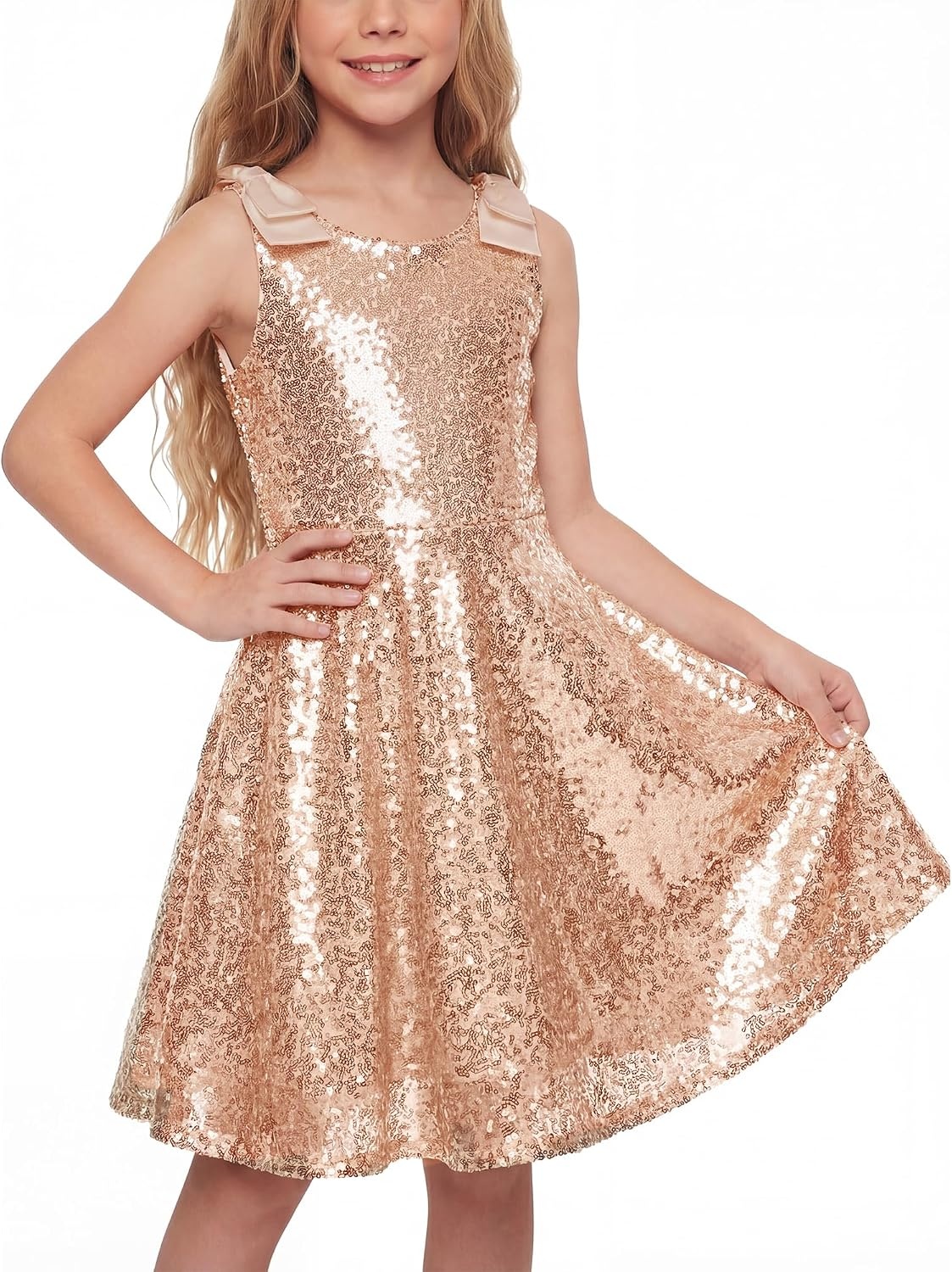 Stelle Girls Sequin Dress Sleeveless A-Line Sparkly Dresses 5-15 Y | Bow on Shoulder, Zipper Back,Fully Lining,Scoop Neck,Twirly,Birthday Formal Party Fancy Graduation Wedding Christmas Holiday(Rose Gold)