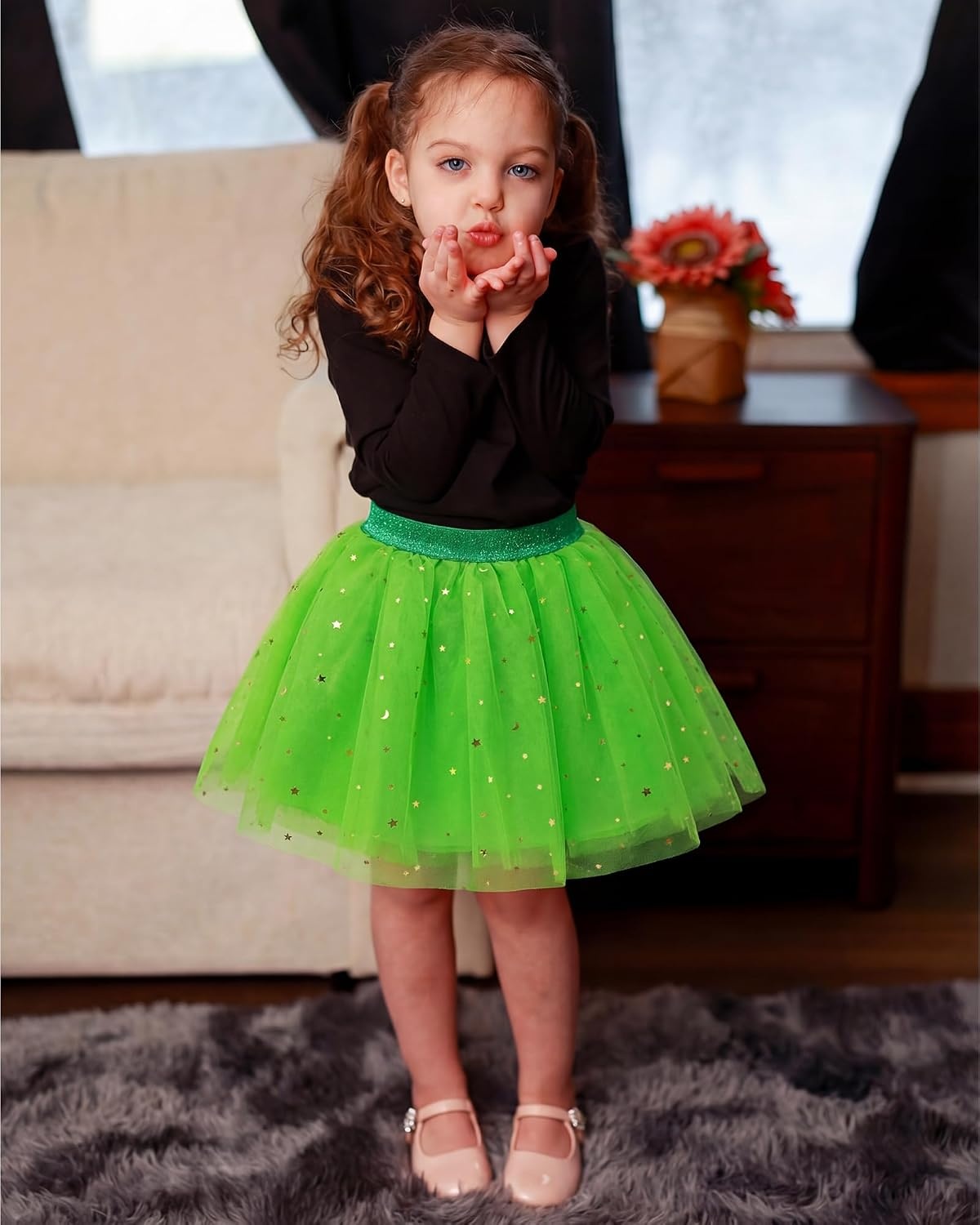 Stelle Tutu for Girls Sequin Skirt with Elastic Waist Layered Tulle Ballet Dance Princess Dress Birthday Outfit(Vibrant Green)
