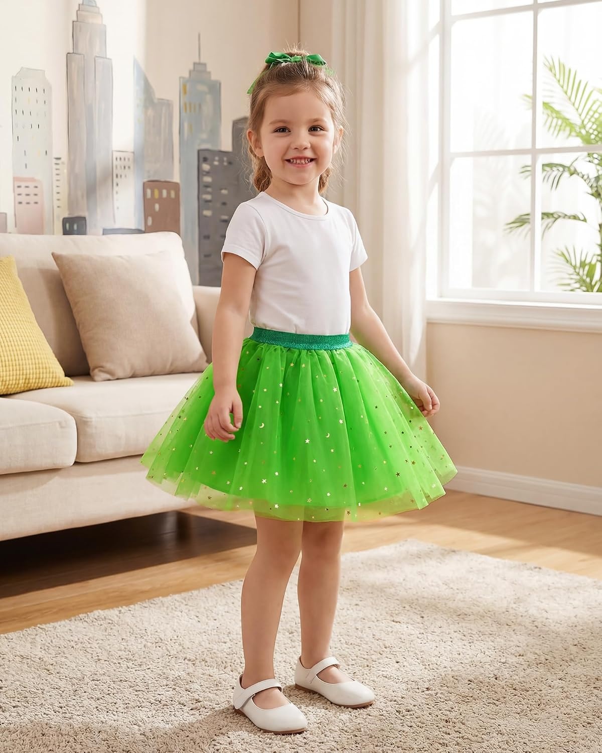 Stelle Tutu for Girls Sequin Skirt with Elastic Waist Layered Tulle Ballet Dance Princess Dress Birthday Outfit(Vibrant Green)