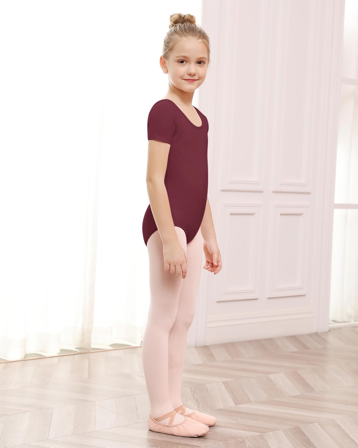 Stelle Leotards for Girls Ballet Scoop Neck Short Sleeve Leotard Gymnastics Dance Unitards(Cherry)