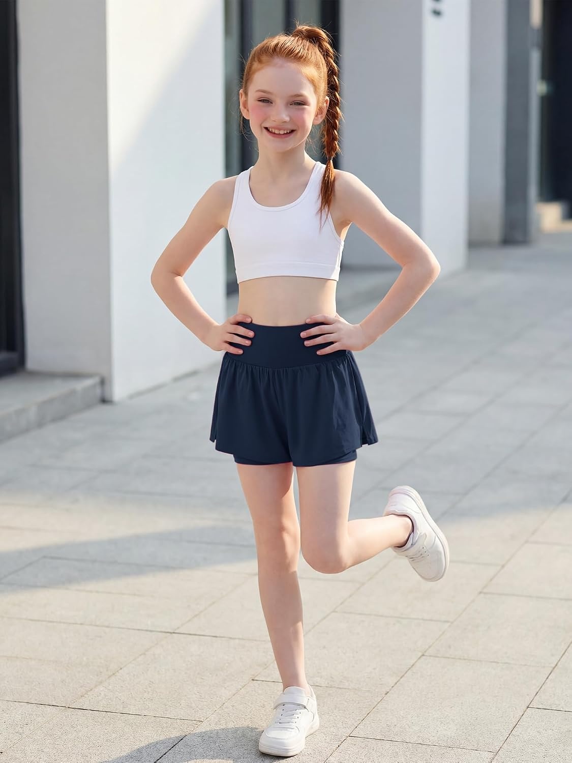 Stelle Girls Athletic Shorts Flowy Running 2 in 1 Butterfly Short with Pockets Soccer Tennis for Teen(Navy)