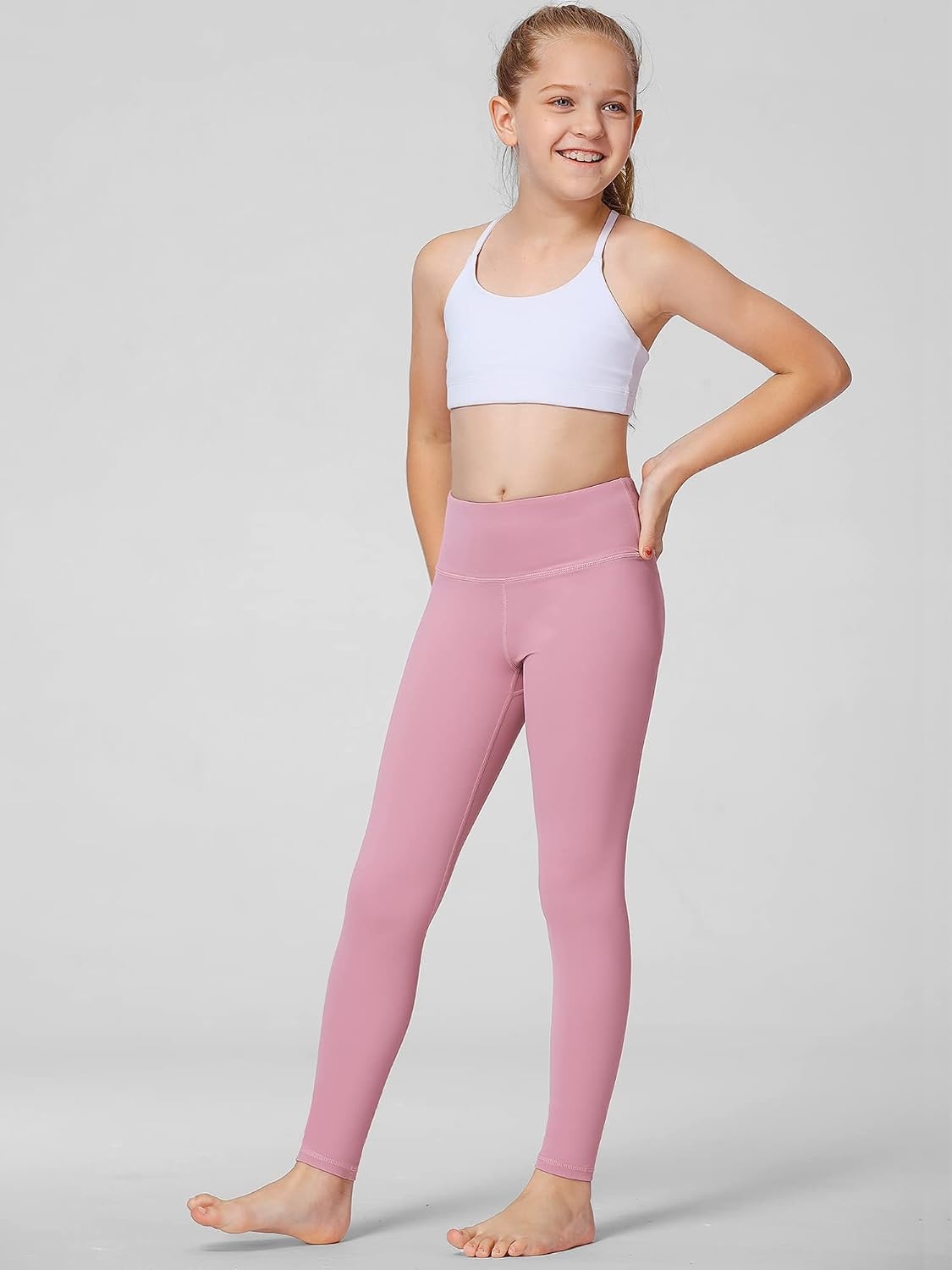 Stelle Girls Athletic Leggings Kids Dance Workout Running Yoga Pants with Hidden Pocket(Pink)