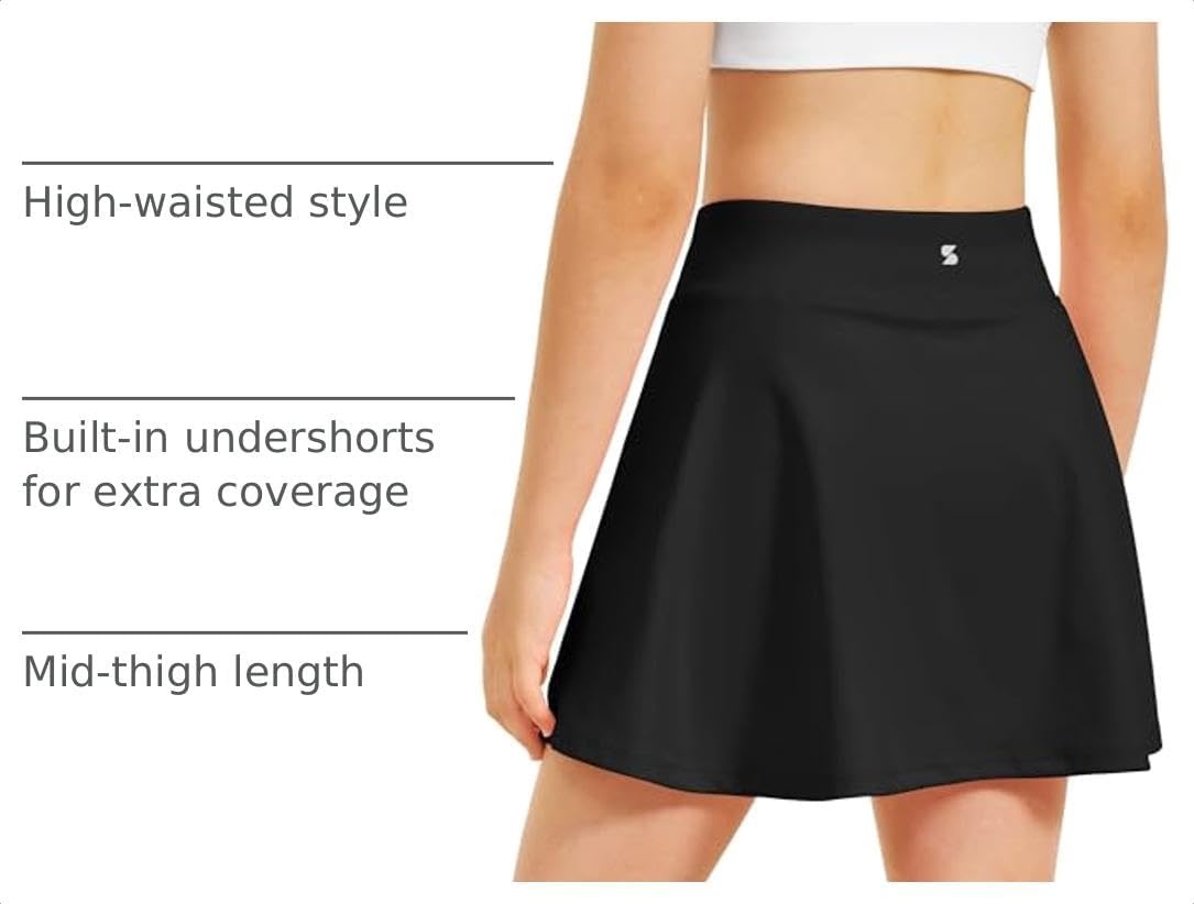 Stelle Girls A-Line Tennis Skort with Built-in Shorts for Sports Play(Black)