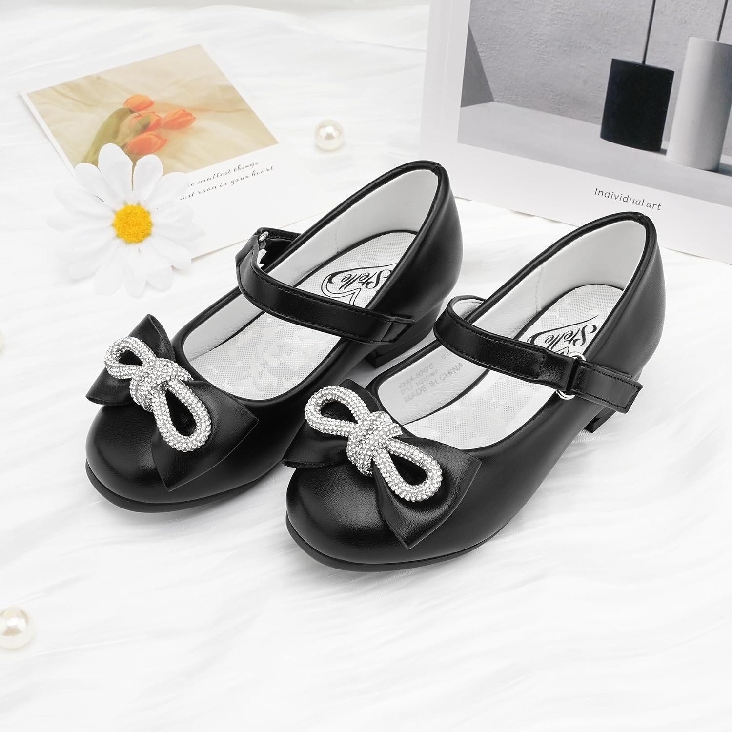 Stelle Dress Shoes for Girls Rhinestone Bow Low Heels for Wedding Party | Flower Girl, Sparkling bow detail, Cushioned insole, Flexible outsole, School events, Dress-up, Comfortable fit(1-black)