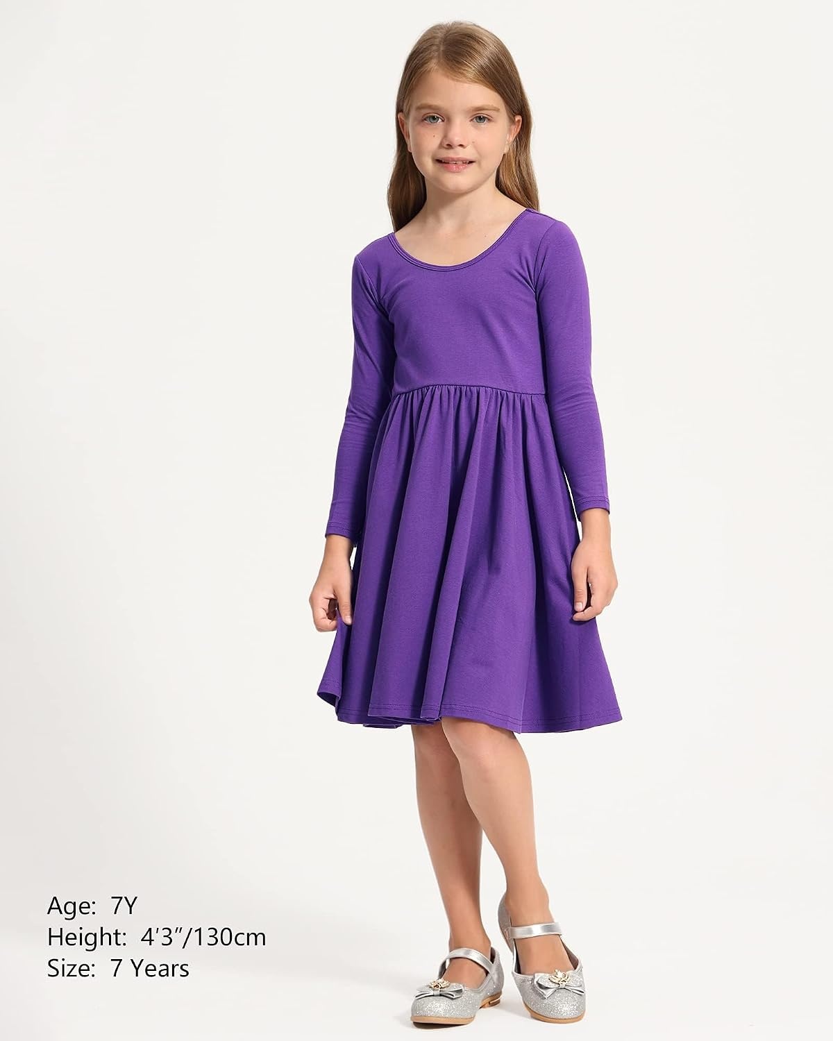 Stelle Girls Cotton Long Sleeve Dress Twirl Skater Dress 3-12Y | Criss Cross Back,A Line,Crew Neck,Cotton Dress for Tie Dye School Dance Casual Birthday Christmas Easter Spring Fall Winter(Purple)