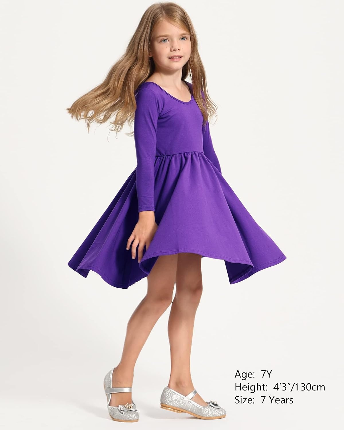 Stelle Girls Cotton Long Sleeve Dress Twirl Skater Dress 3-12Y | Criss Cross Back,A Line,Crew Neck,Cotton Dress for Tie Dye School Dance Casual Birthday Christmas Easter Spring Fall Winter(Purple)