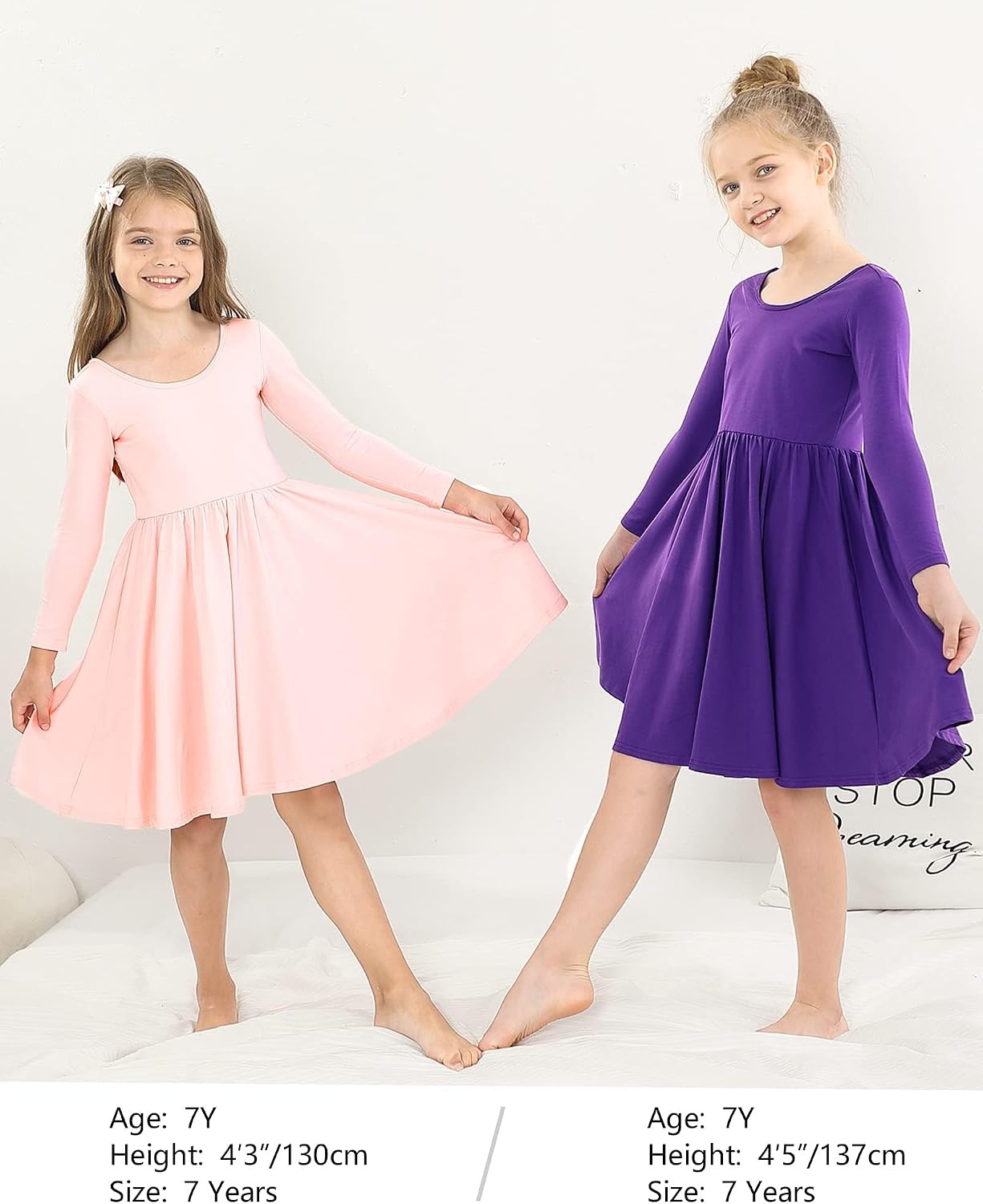 Stelle Girls Cotton Long Sleeve Dress Twirl Skater Dress 3-12Y | Criss Cross Back,A Line,Crew Neck,Cotton Dress for Tie Dye School Dance Casual Birthday Christmas Easter Spring Fall Winter(Purple)