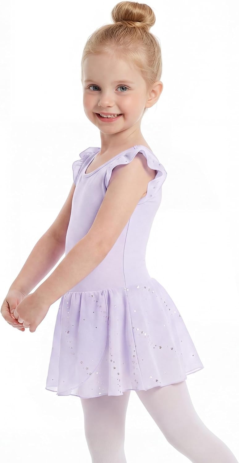 Stelle Girls Flutter Sleeve Ballet Leotards Toddler Tutu Skirted Dresses(Lavender)