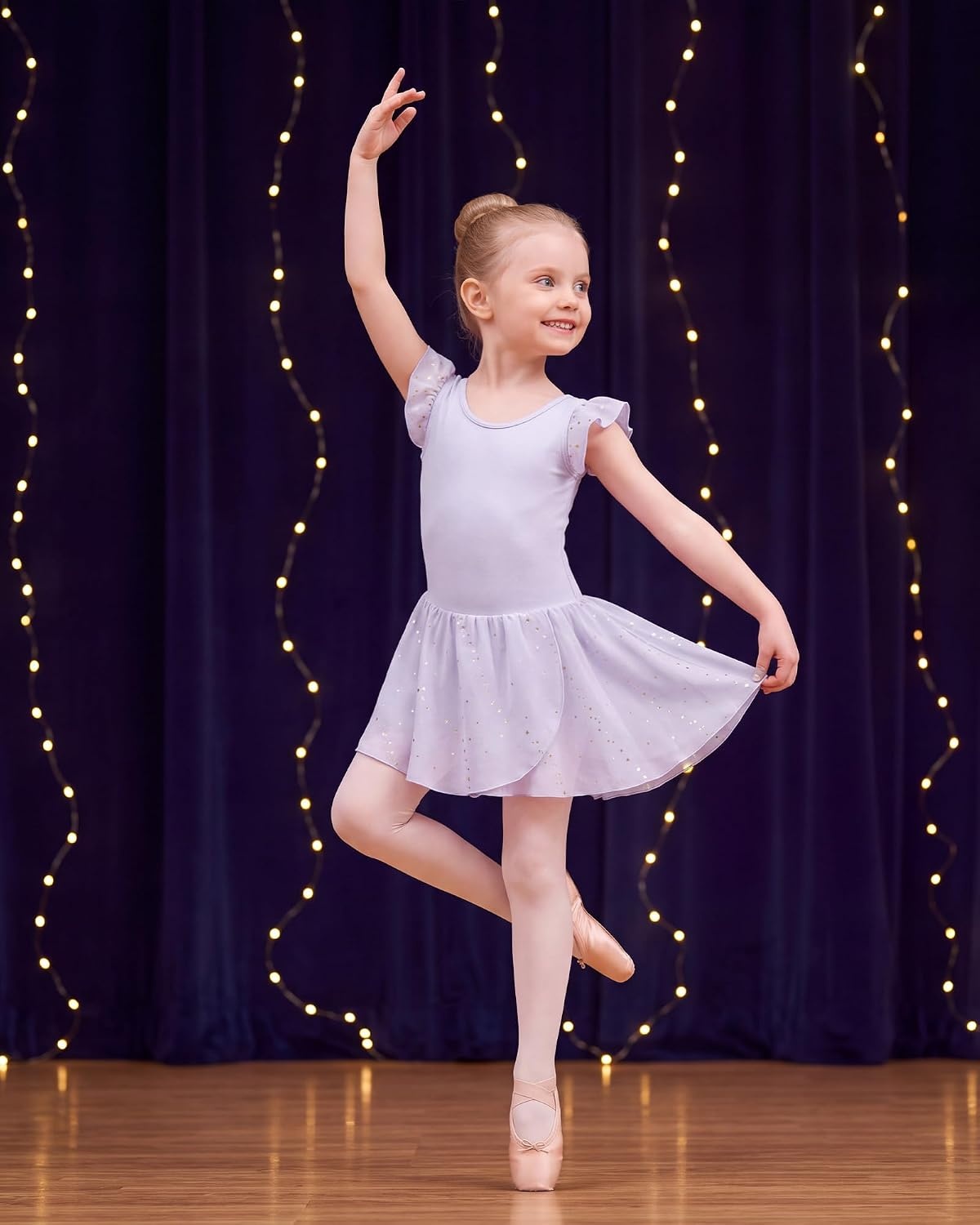 Stelle Girls Flutter Sleeve Ballet Leotards Toddler Tutu Skirted Dresses(Lavender)